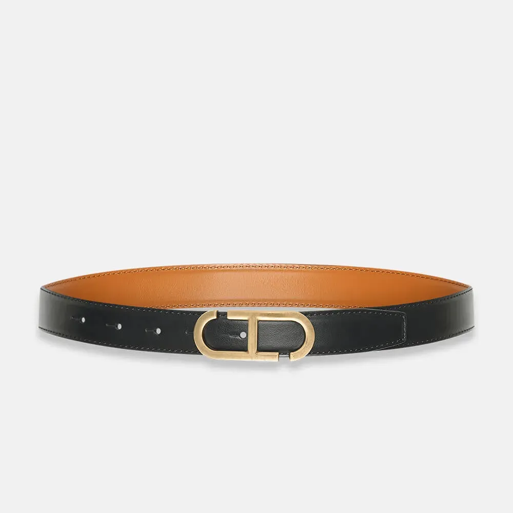 Leren Dames Riem Reversible Zwart Camel Brass Trophy Buckle