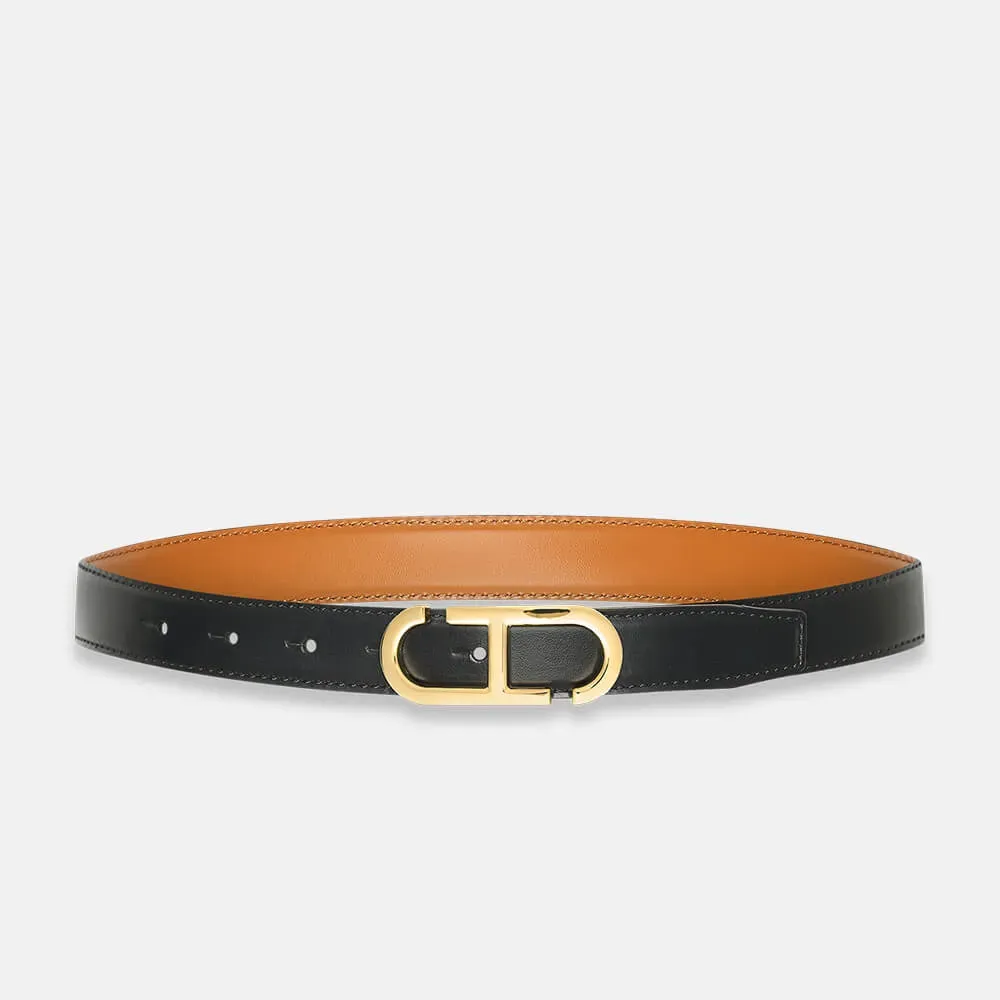 Leren Dames Riem Reversible Zwart Camel Goud Trophy Buckle
