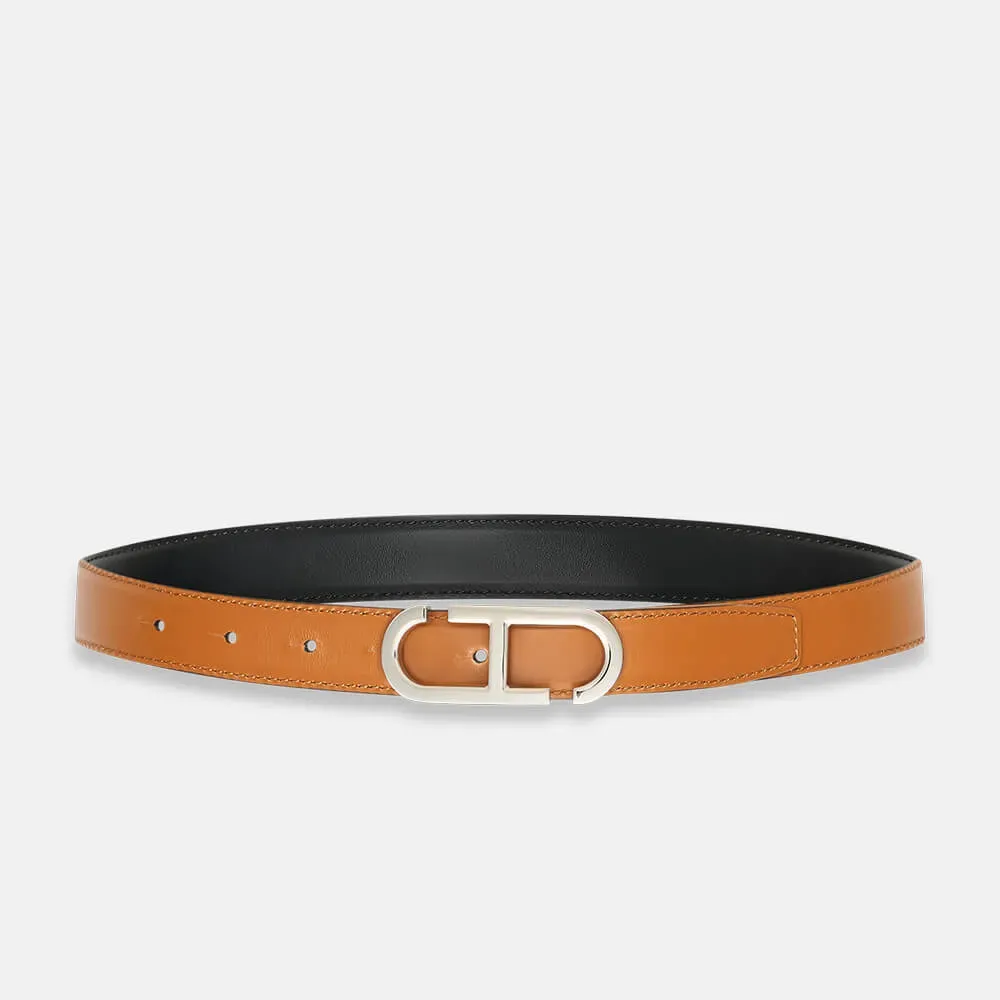 Leren Dames Riem Reversible Zwart Camel Zilver Trophy Buckle