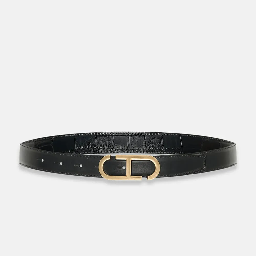 Leren Dames Riem Reversible Zwart Croco Brass Trophy Buckle