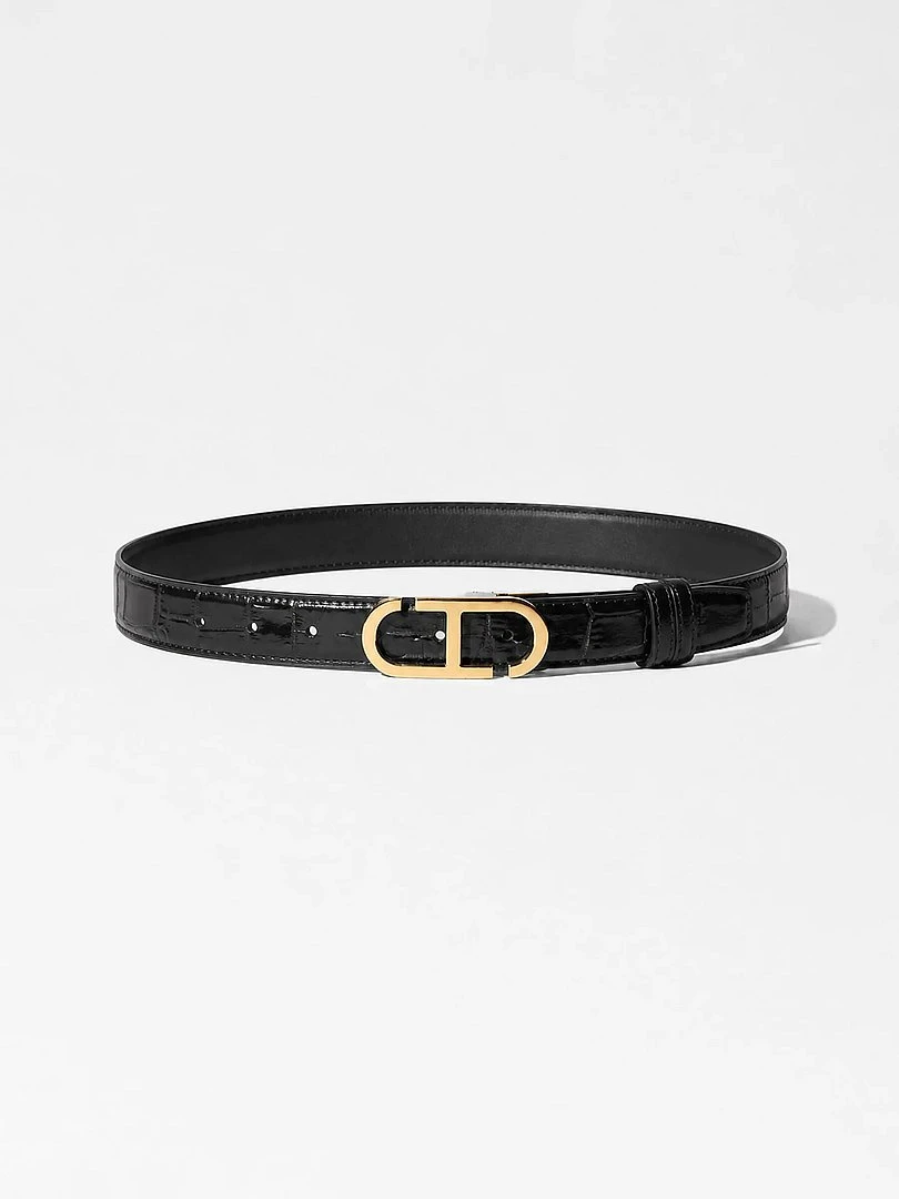 Leren Dames Riem Reversible Zwart Croco Goud Trophy Buckle