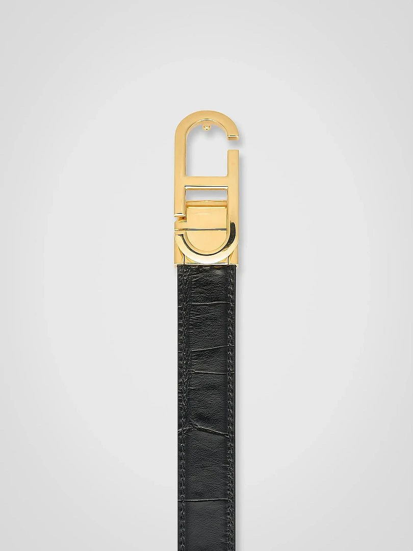 Leren Dames Riem Reversible Zwart Croco Goud Trophy Buckle