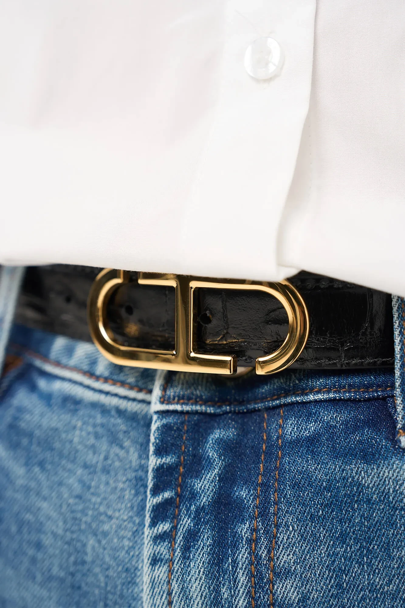 Leren Dames Riem Reversible Zwart Croco Goud Trophy Buckle