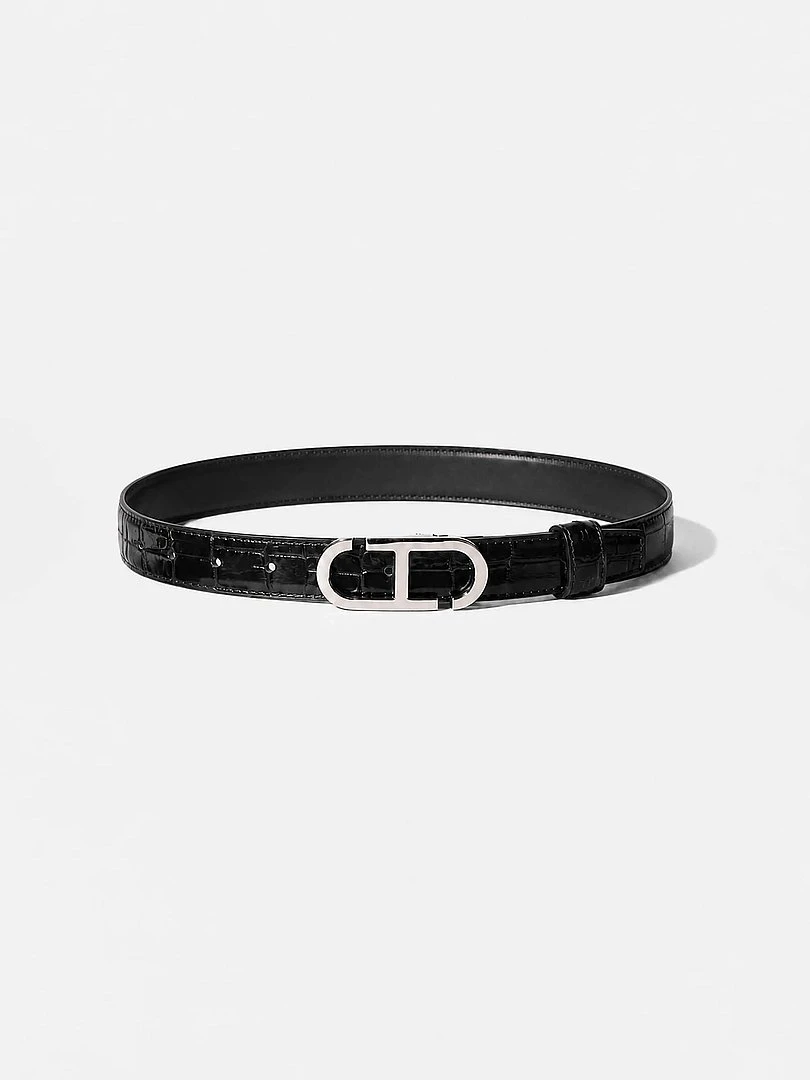 Leren Dames Riem Reversible Zwart Croco Zilver Trophy Buckle