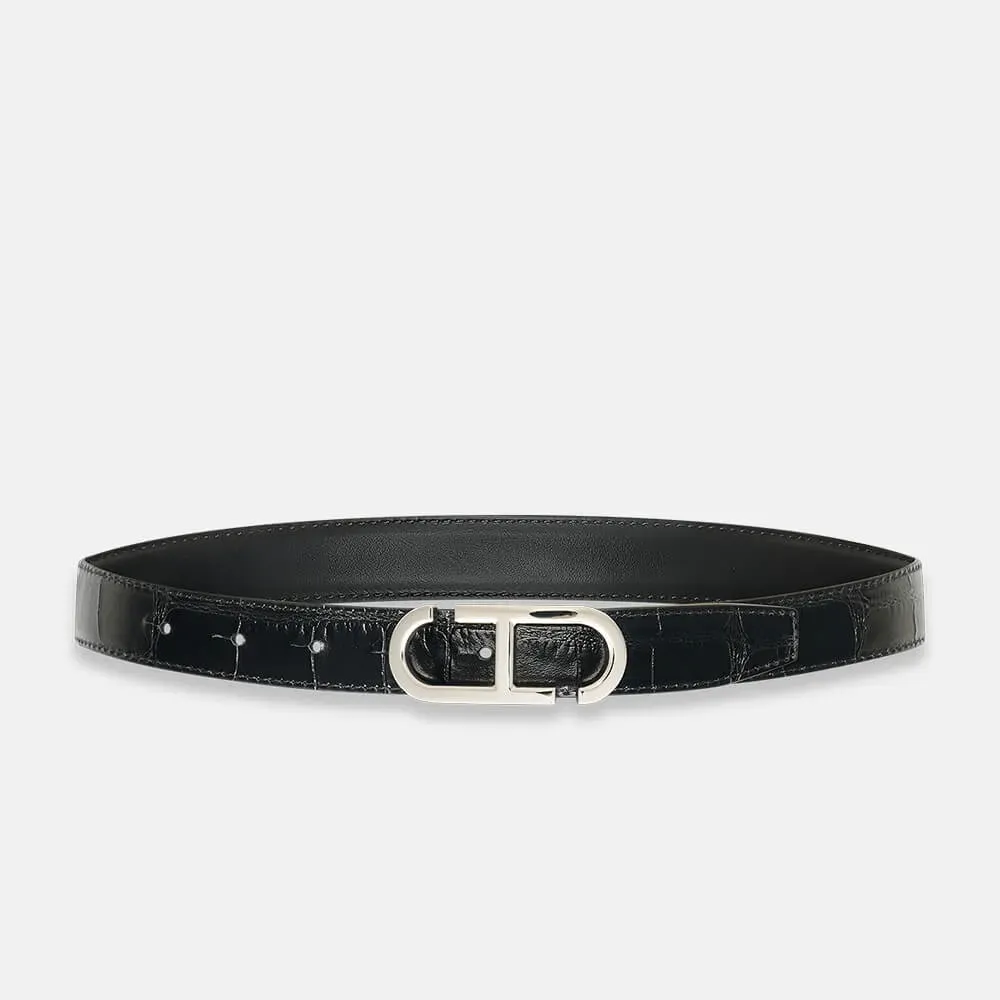 Leren Dames Riem Reversible Zwart Croco Zilver Trophy Buckle