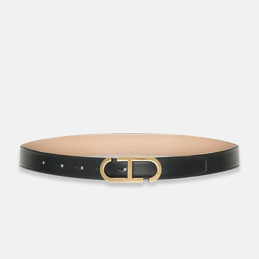 Leren Dames Riem Reversible Zwart Taupe Brass Trophy Buckle