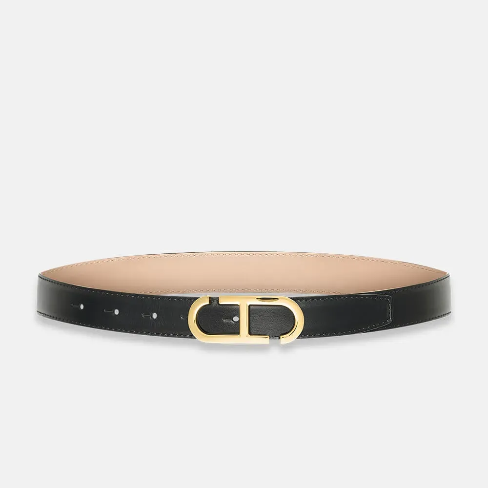Leren Dames Riem Reversible Zwart Taupe Goud Trophy Buckle