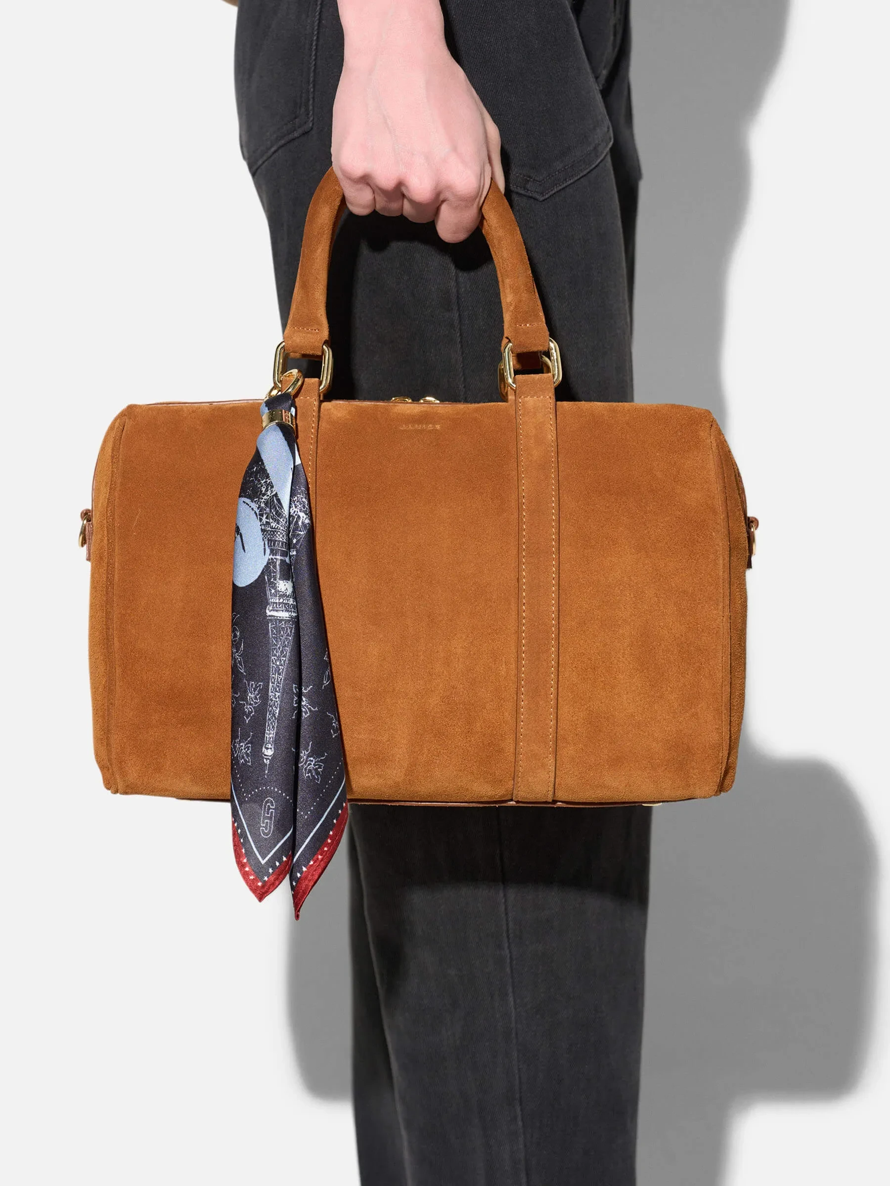 Leren Dames Tas Bowling Bag Suede Wade Cognac