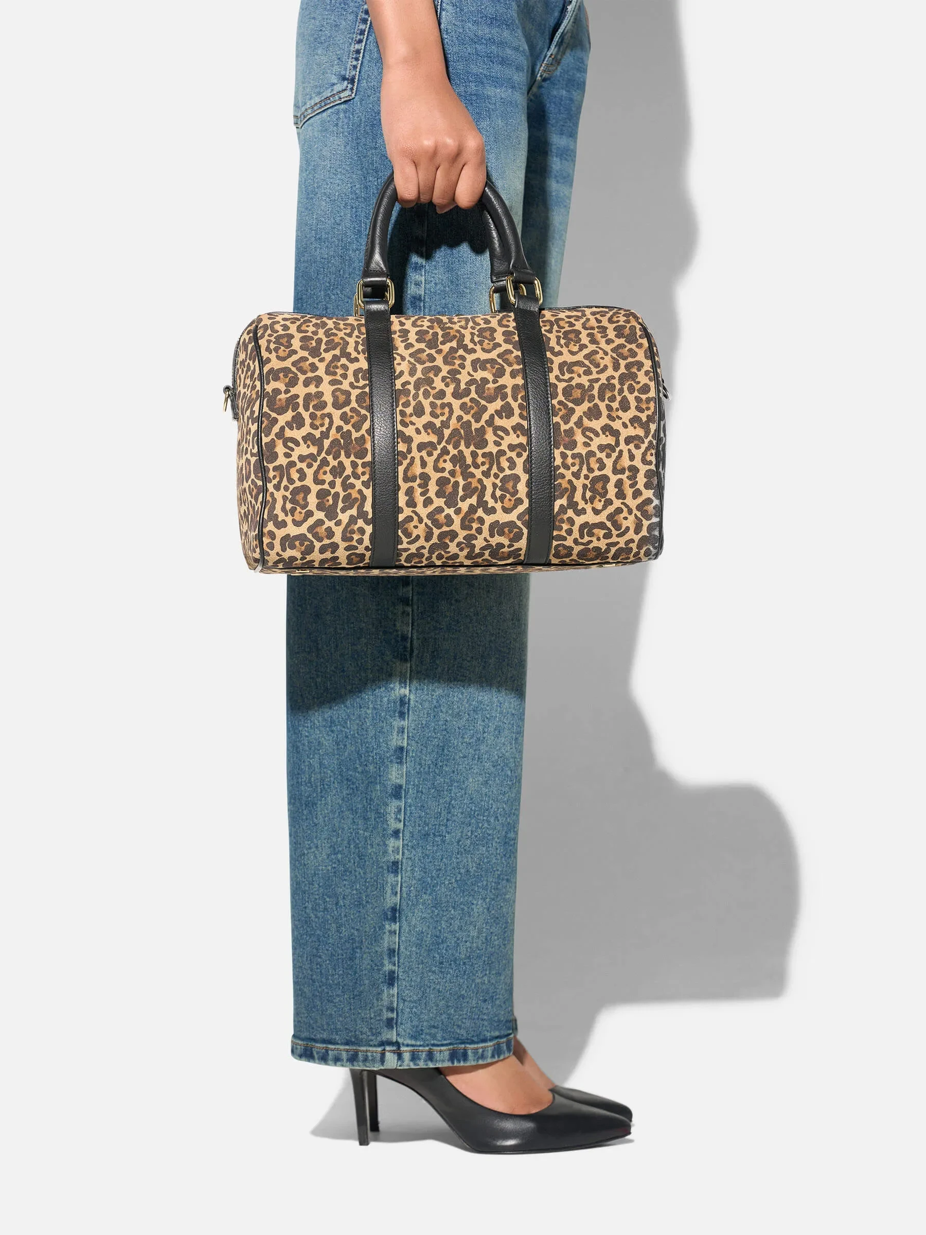 Leren Dames Tas Bowling Bag Suede Wade Panterprint