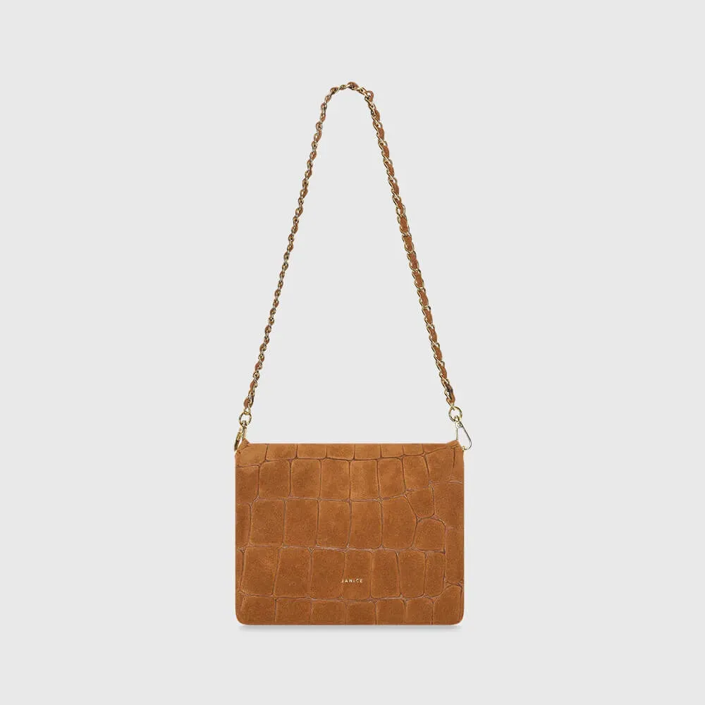 Leren Suede Schoudertas Tas Camel Croco Skylar