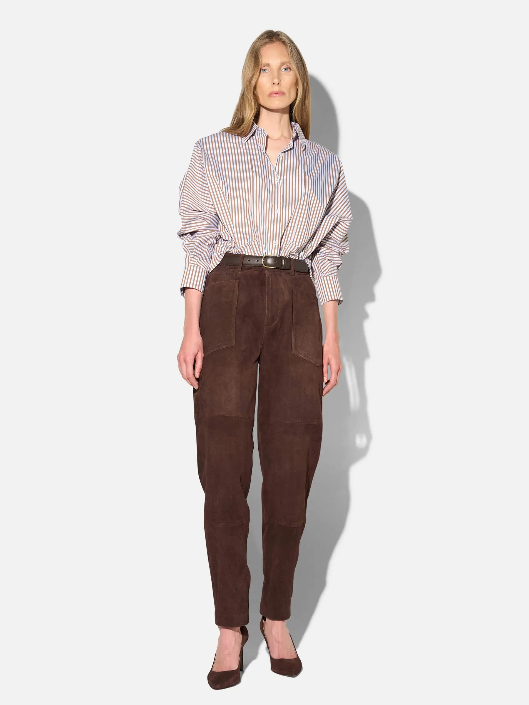 Leren Worker Broek Dames Barrel Fit Mid Rise Morrison Suede Bruin