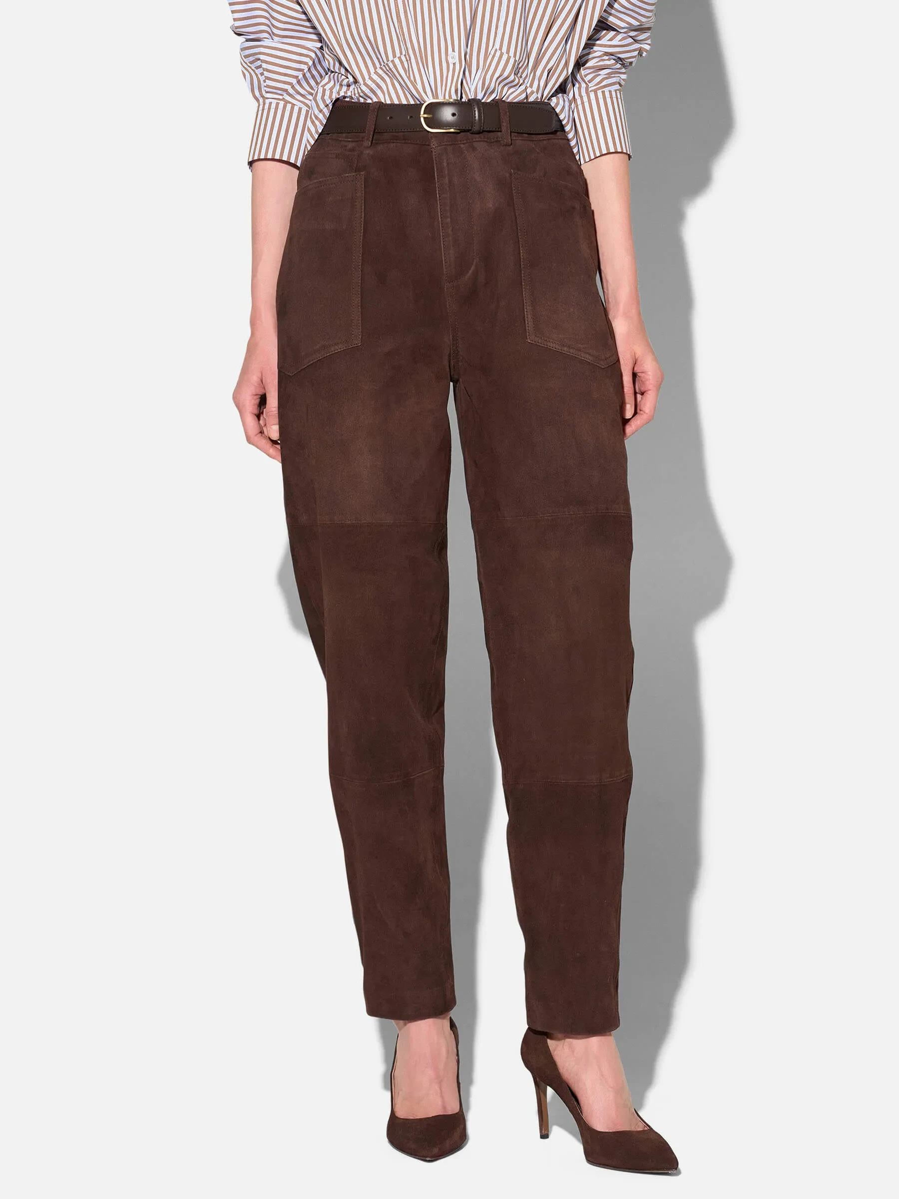 Leren Worker Broek Dames Barrel Fit Mid Rise Morrison Suede Bruin
