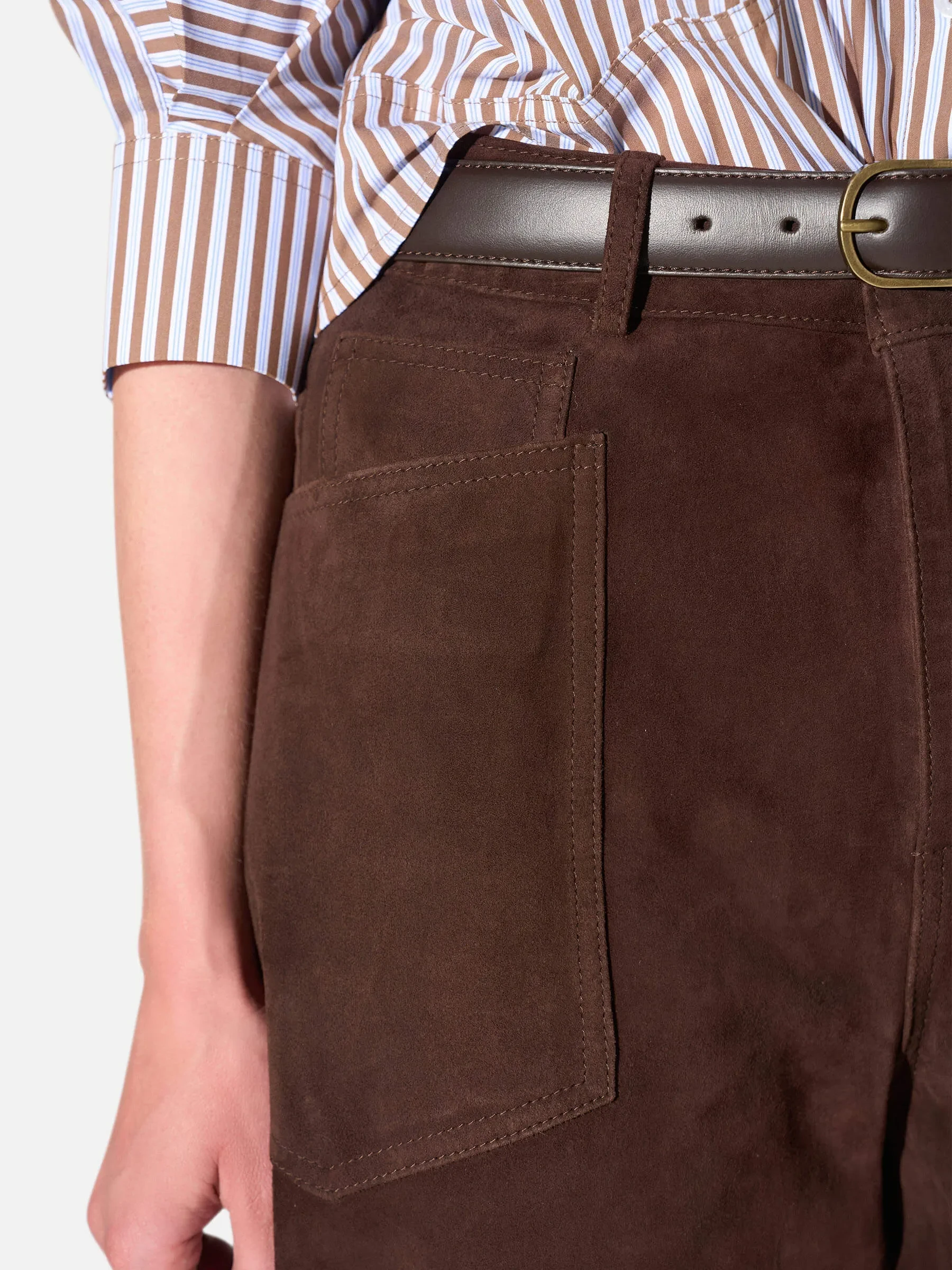 Leren Worker Broek Dames Barrel Fit Mid Rise Morrison Suede Bruin