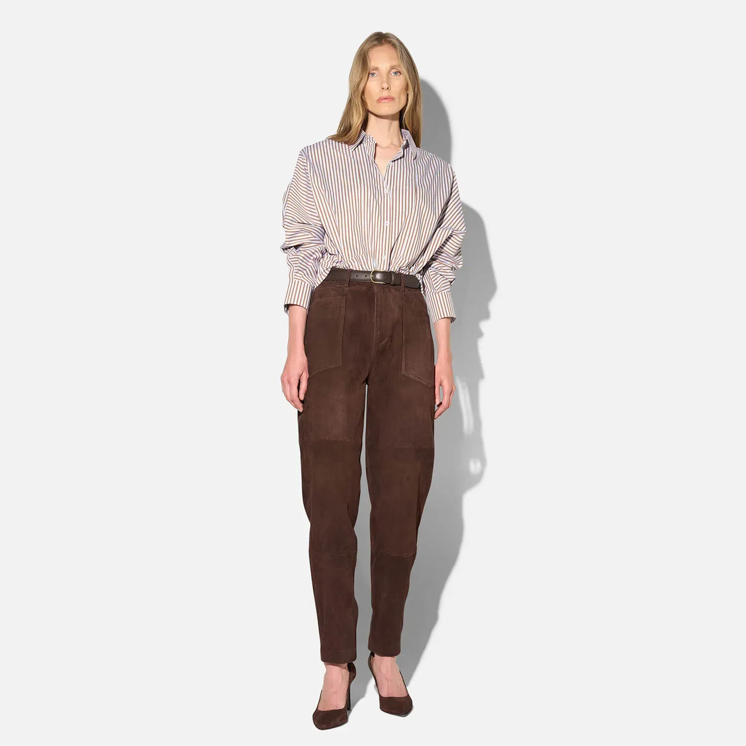 Leren Worker Broek Dames Barrel Fit Mid Rise Morrison Suede Bruin