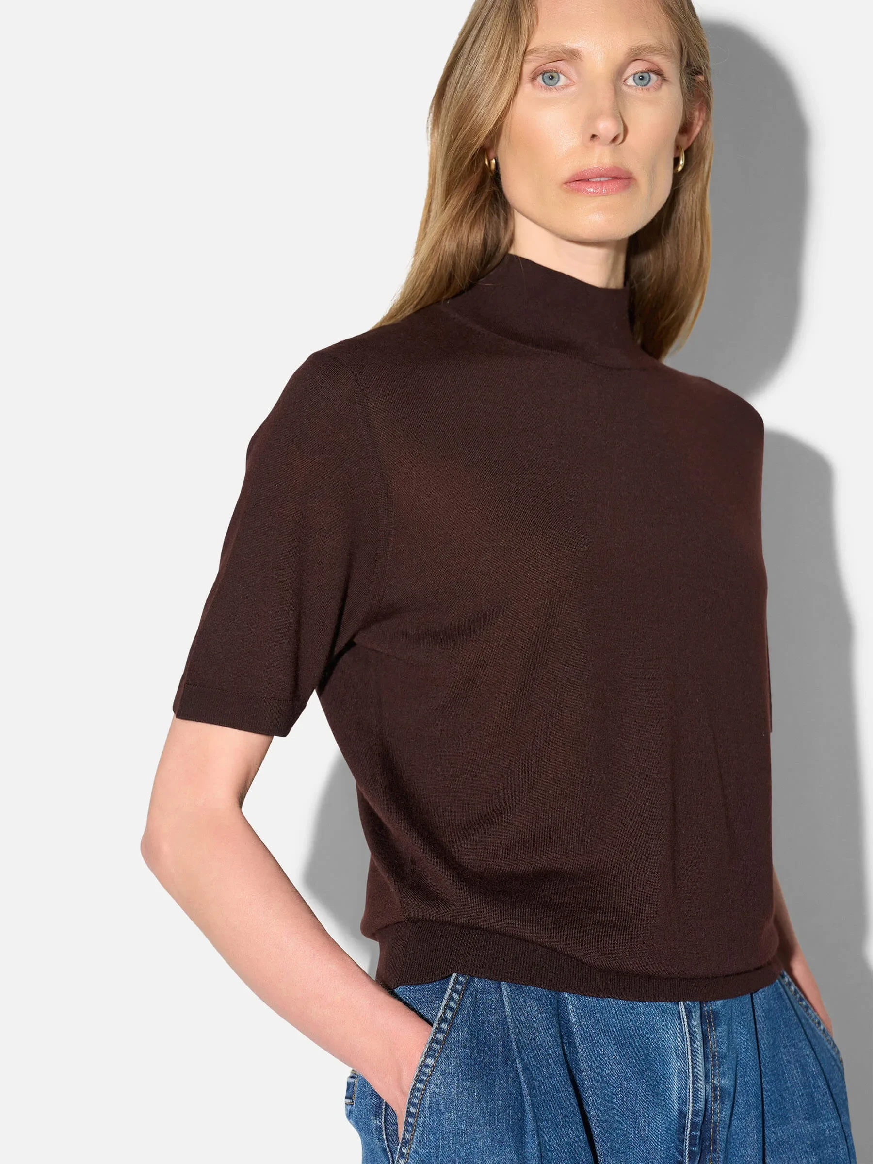 Merino Wollen Coltruitje Korte Mouw Knight Bruin