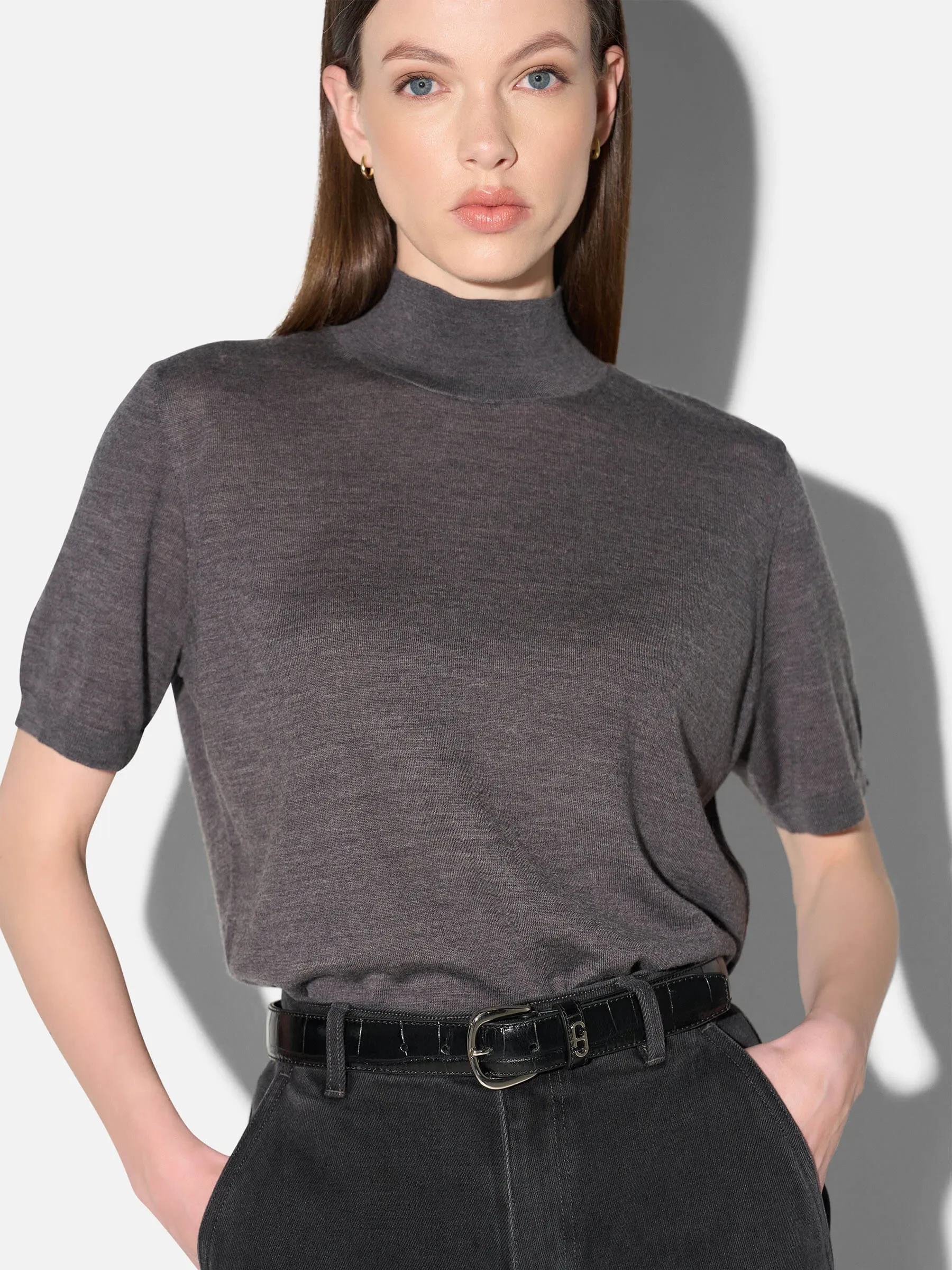 Merino Wollen Coltruitje Korte Mouw Knight Grijs