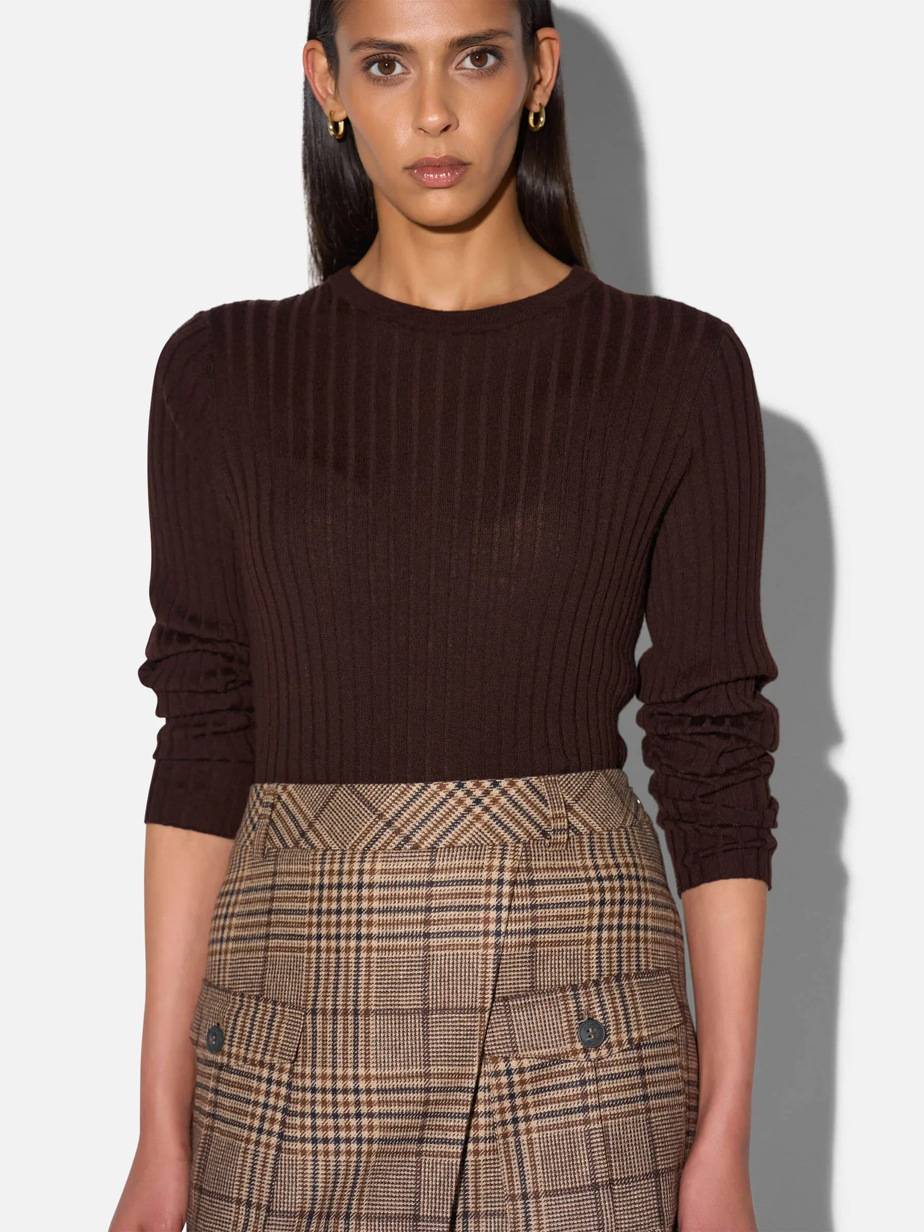 Merino Wollen Rib Truitje Lange Mouw Lyle Bruin