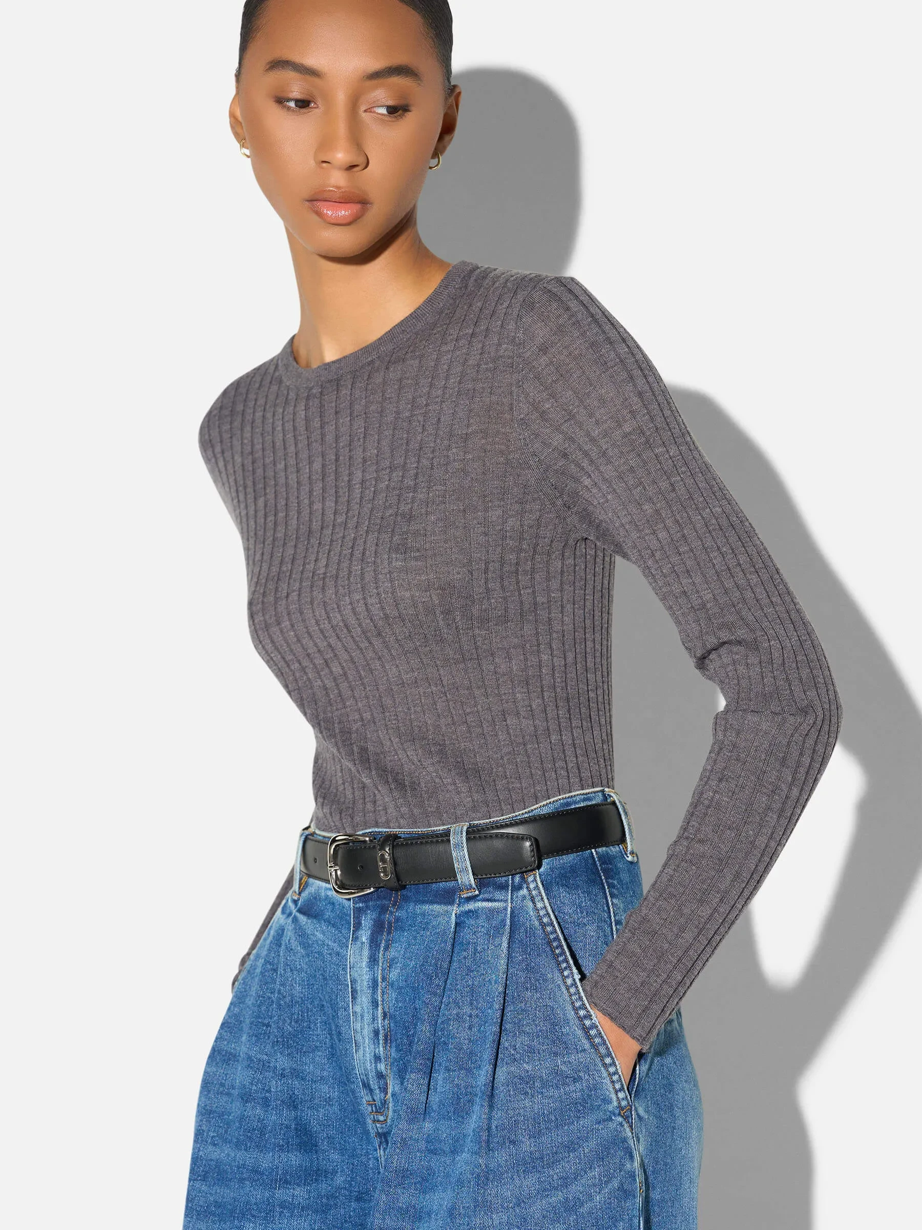 Merino Wollen Rib Truitje Lange Mouw Lyle Grijs