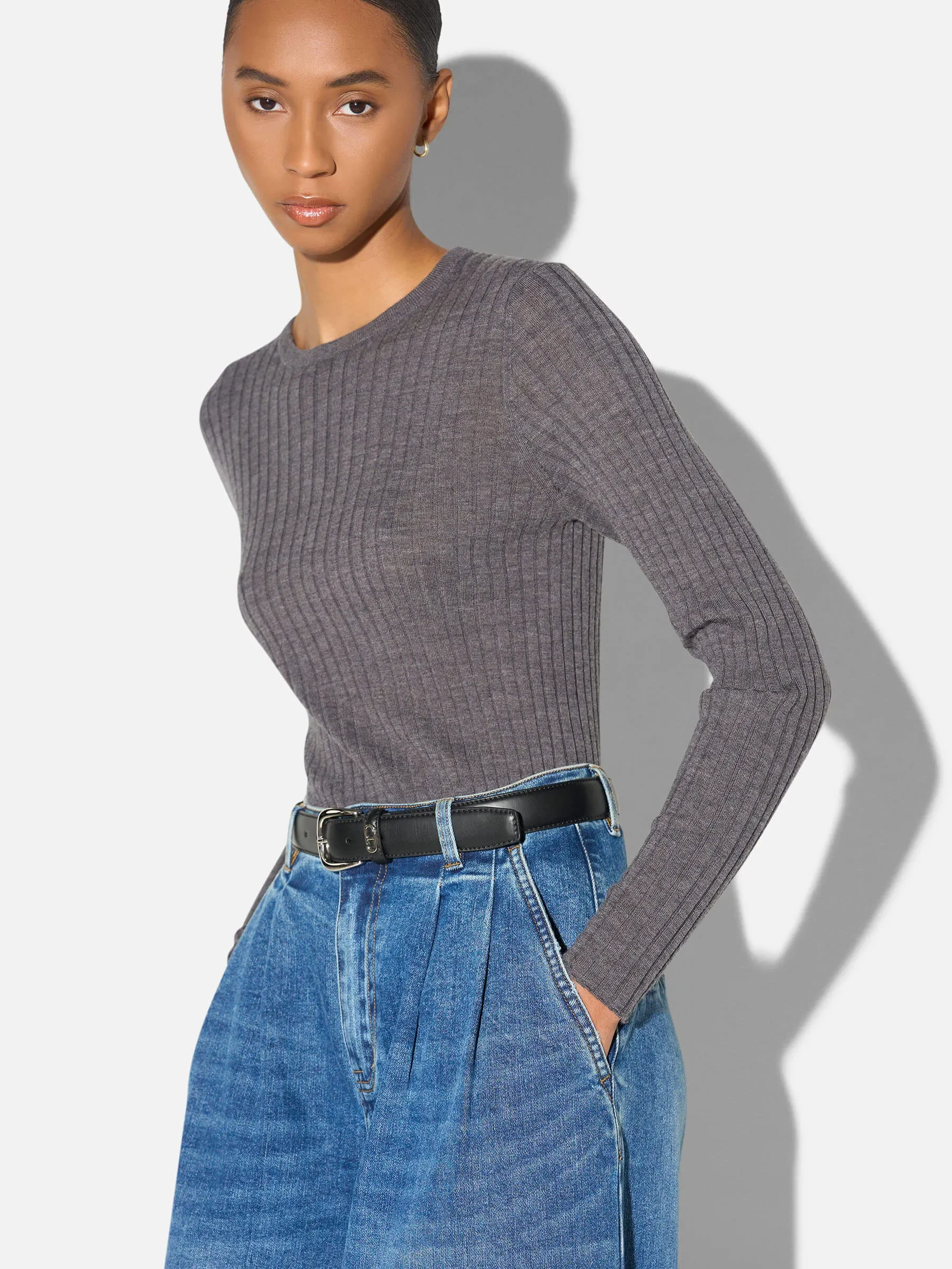 Merino Wollen Rib Truitje Lange Mouw Lyle Grijs
