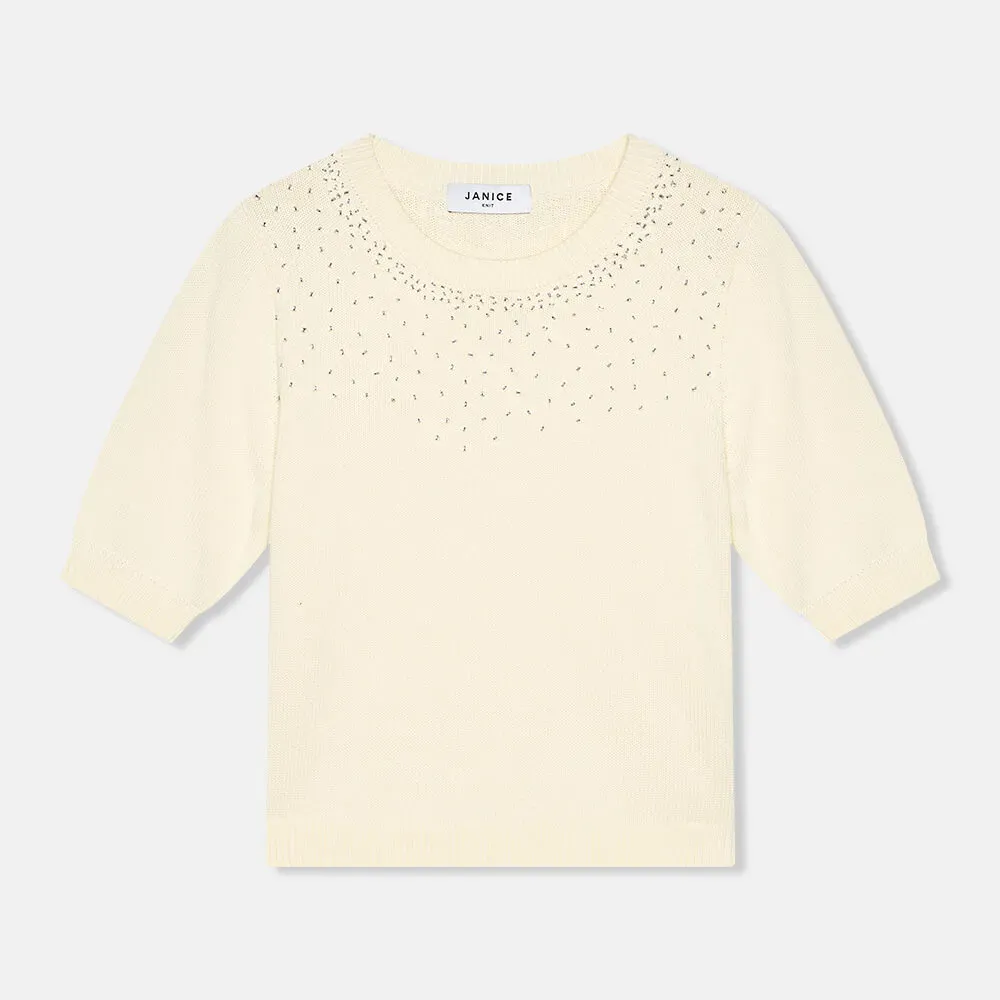 Off White Katoenen Dames Truitje Met Steentjes Barret