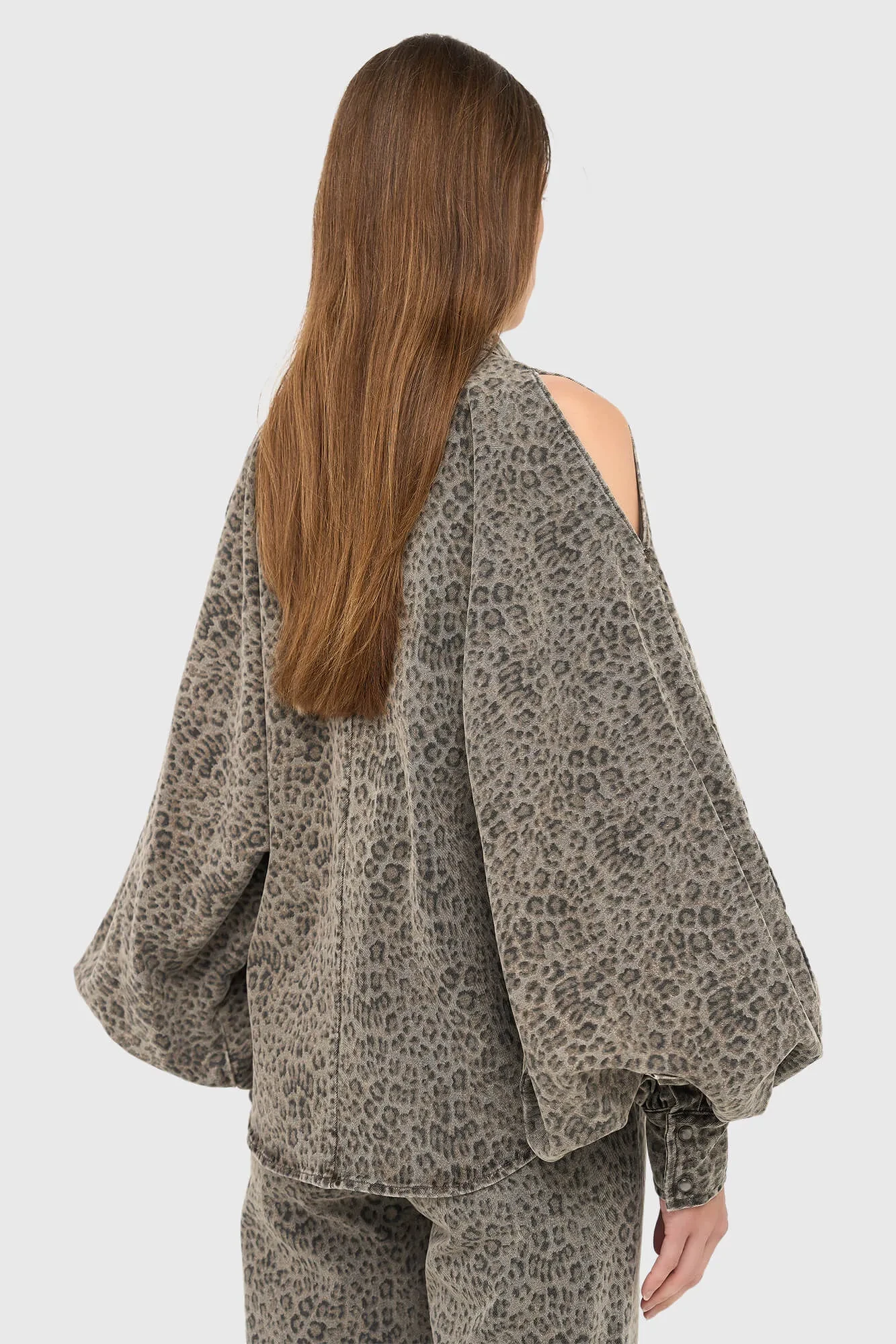 Panterprint Denim Blouse Dames Wijde Mouw Stone
