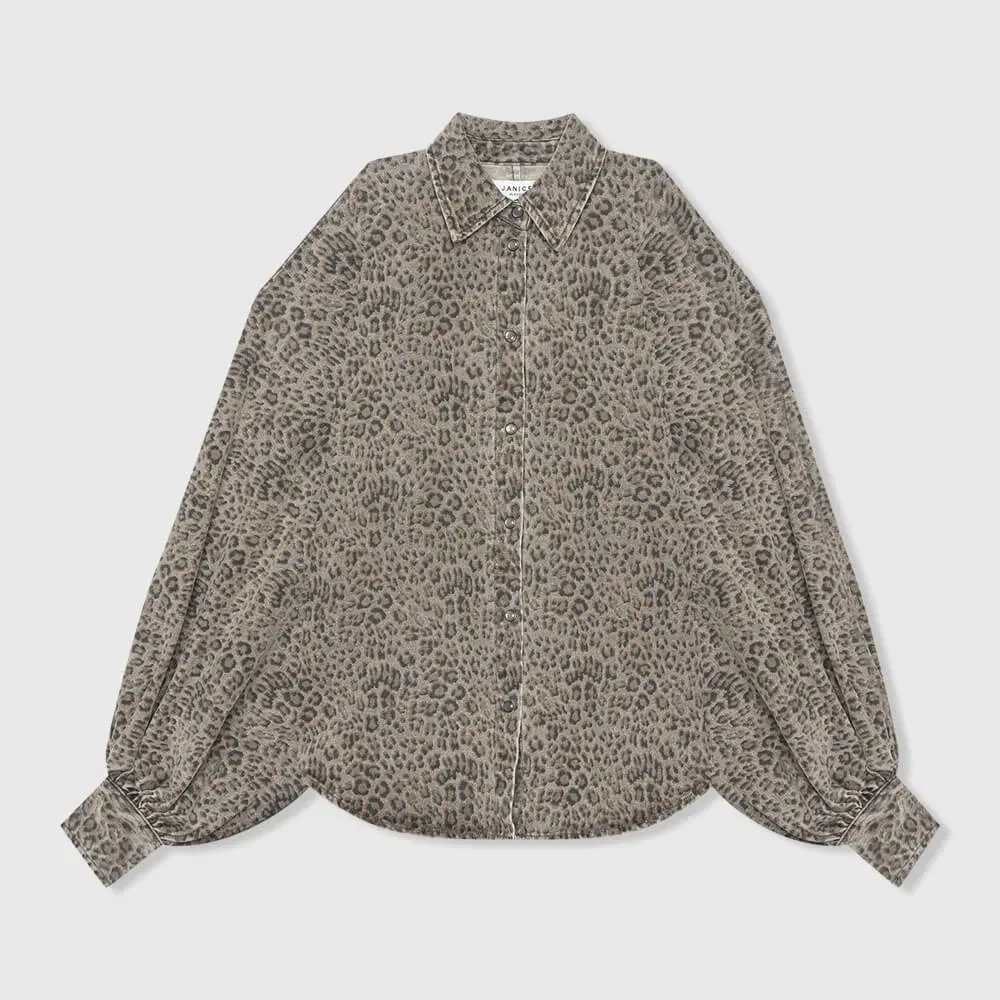 Panterprint Denim Blouse Dames Wijde Mouw Stone