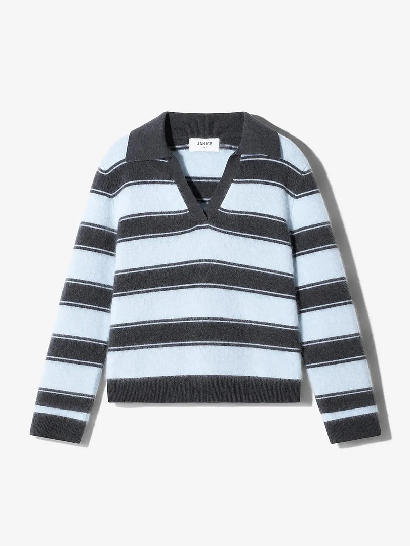 Polo Hals Dames Trui Merino Wol Cashmere Resort Blauw Strepen