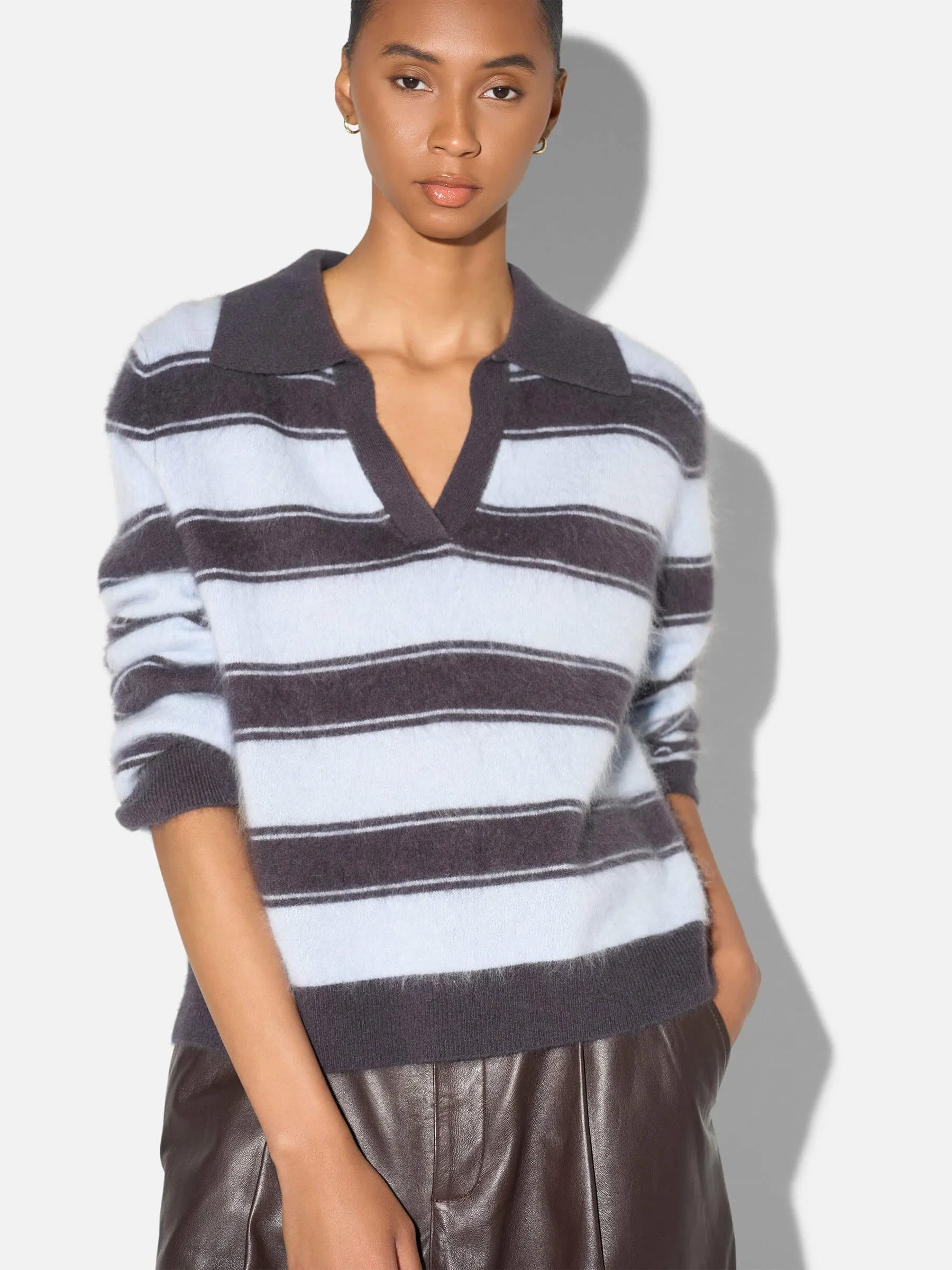 Polo Hals Dames Trui Merino Wol Cashmere Resort Blauw Strepen