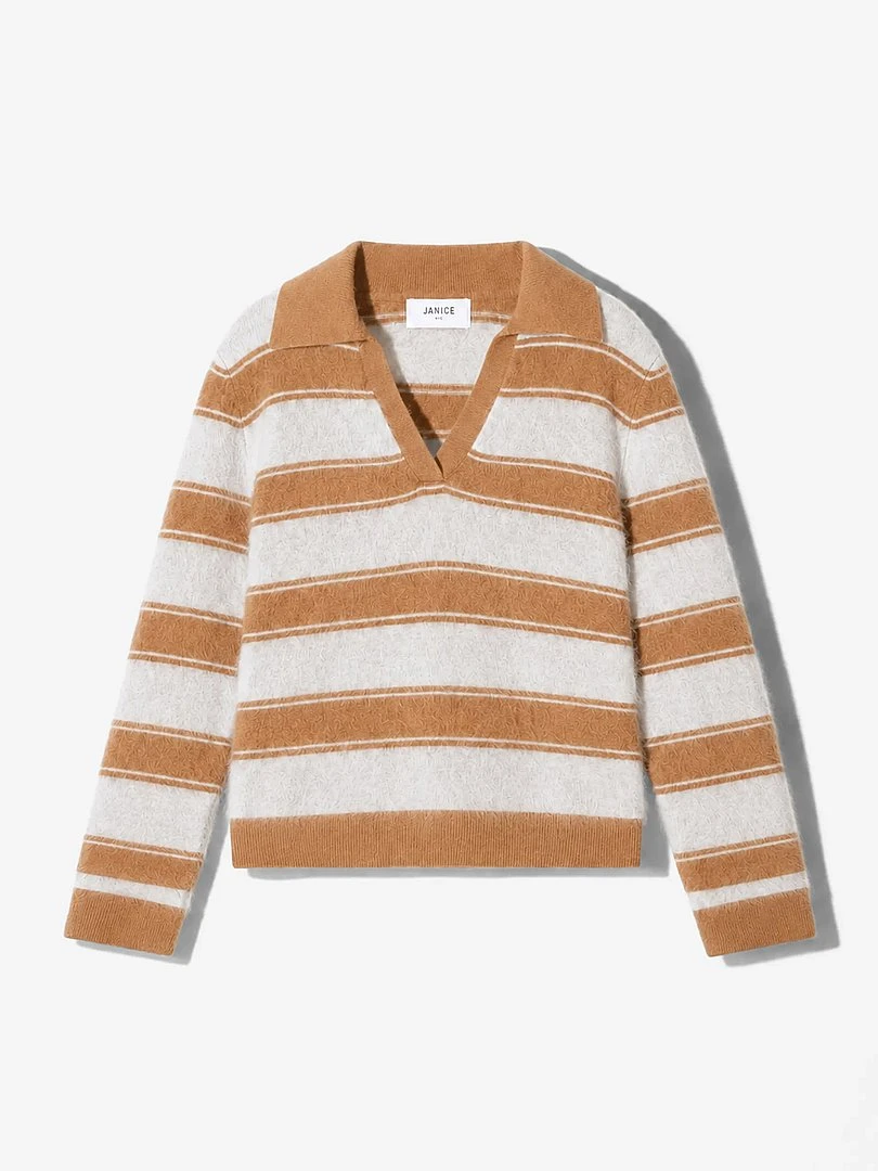 Polo Hals Dames Trui Merino Wol Cashmere Resort Camel Strepen