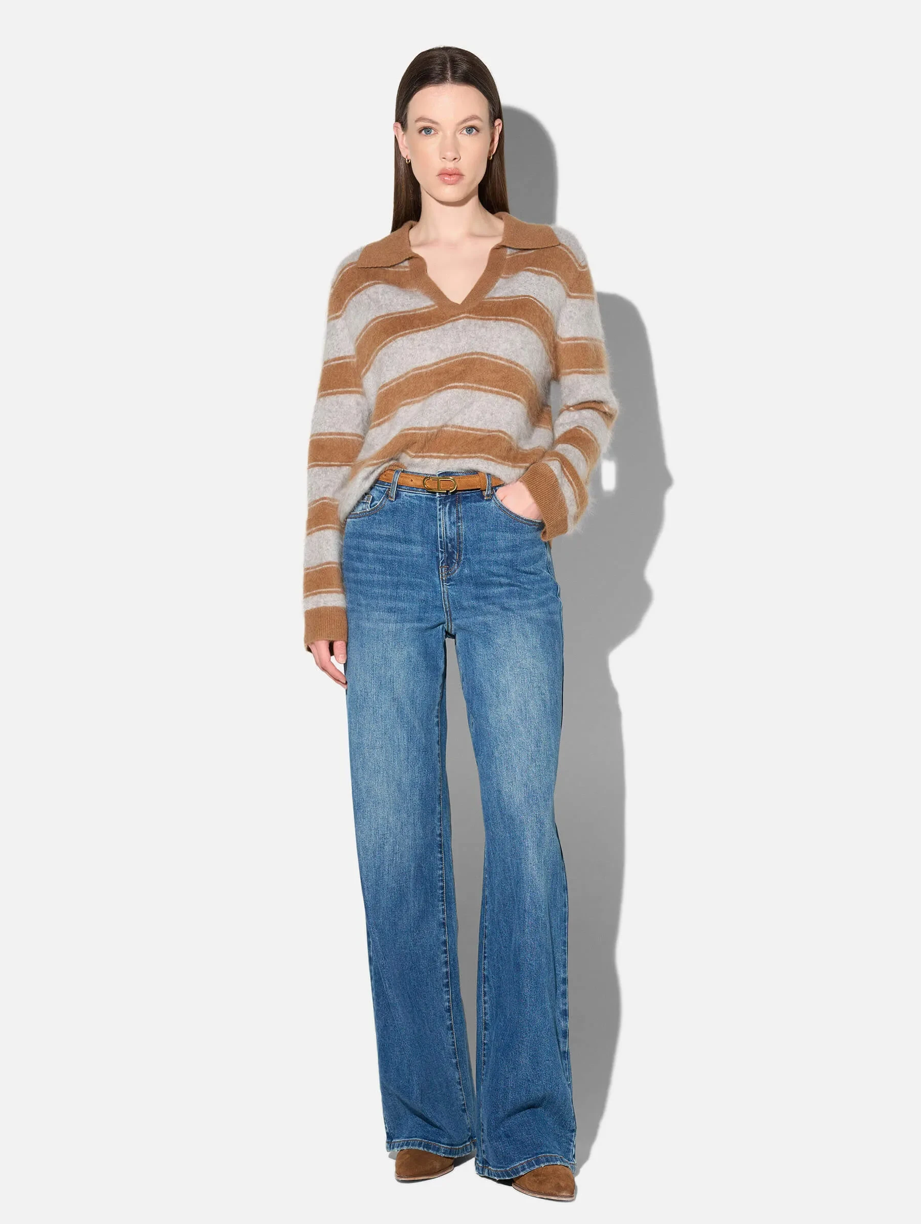 Polo Hals Dames Trui Merino Wol Cashmere Resort Camel Strepen