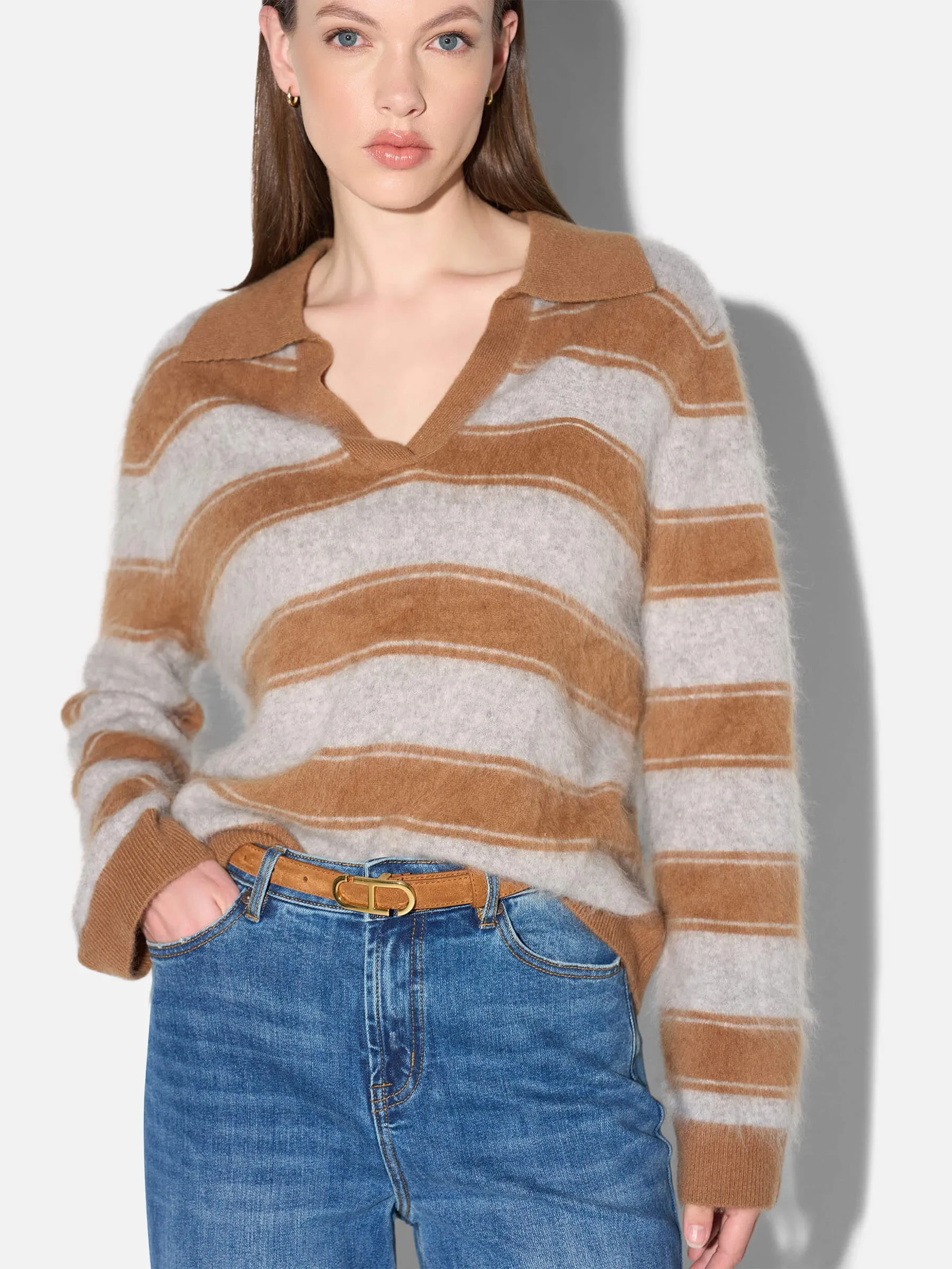 Polo Hals Dames Trui Merino Wol Cashmere Resort Camel Strepen