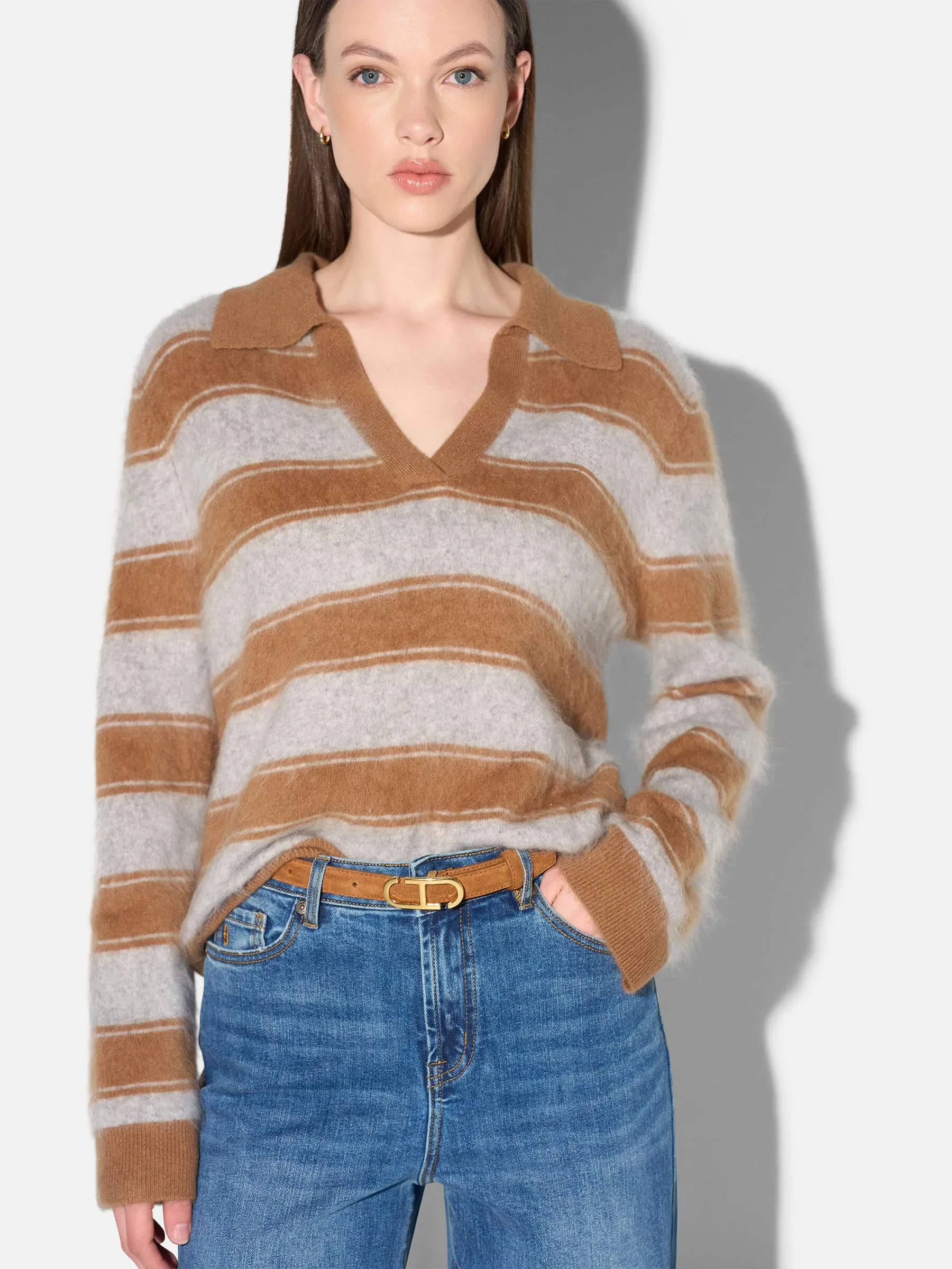 Polo Hals Dames Trui Merino Wol Cashmere Resort Camel Strepen