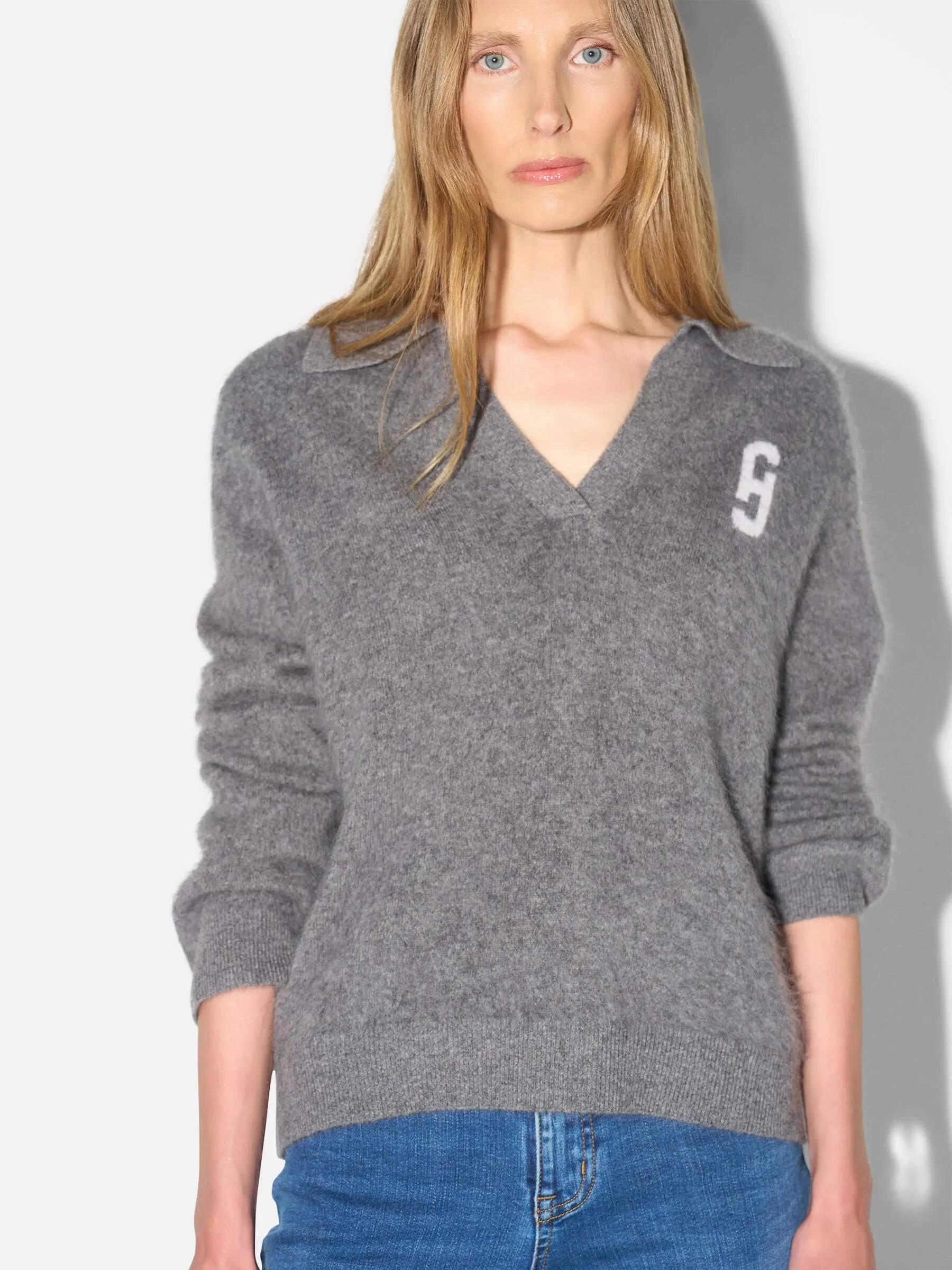 Polo Hals Dames Trui Merino Wol Cashmere Resort Grijs