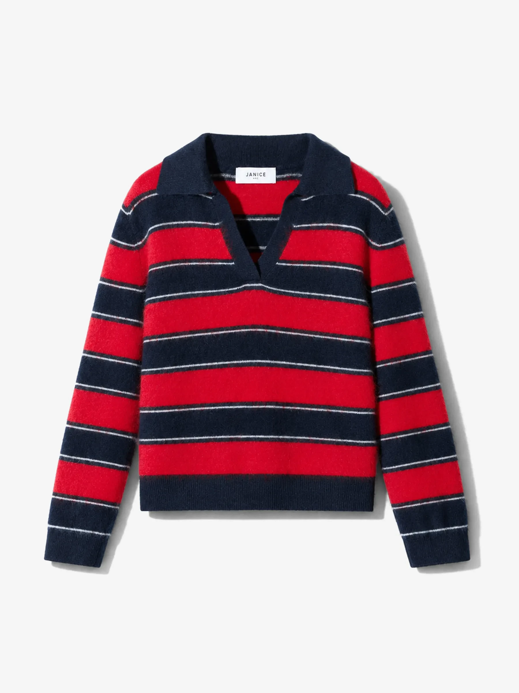 Polo Hals Dames Trui Merino Wol Cashmere Resort Rood Strepen