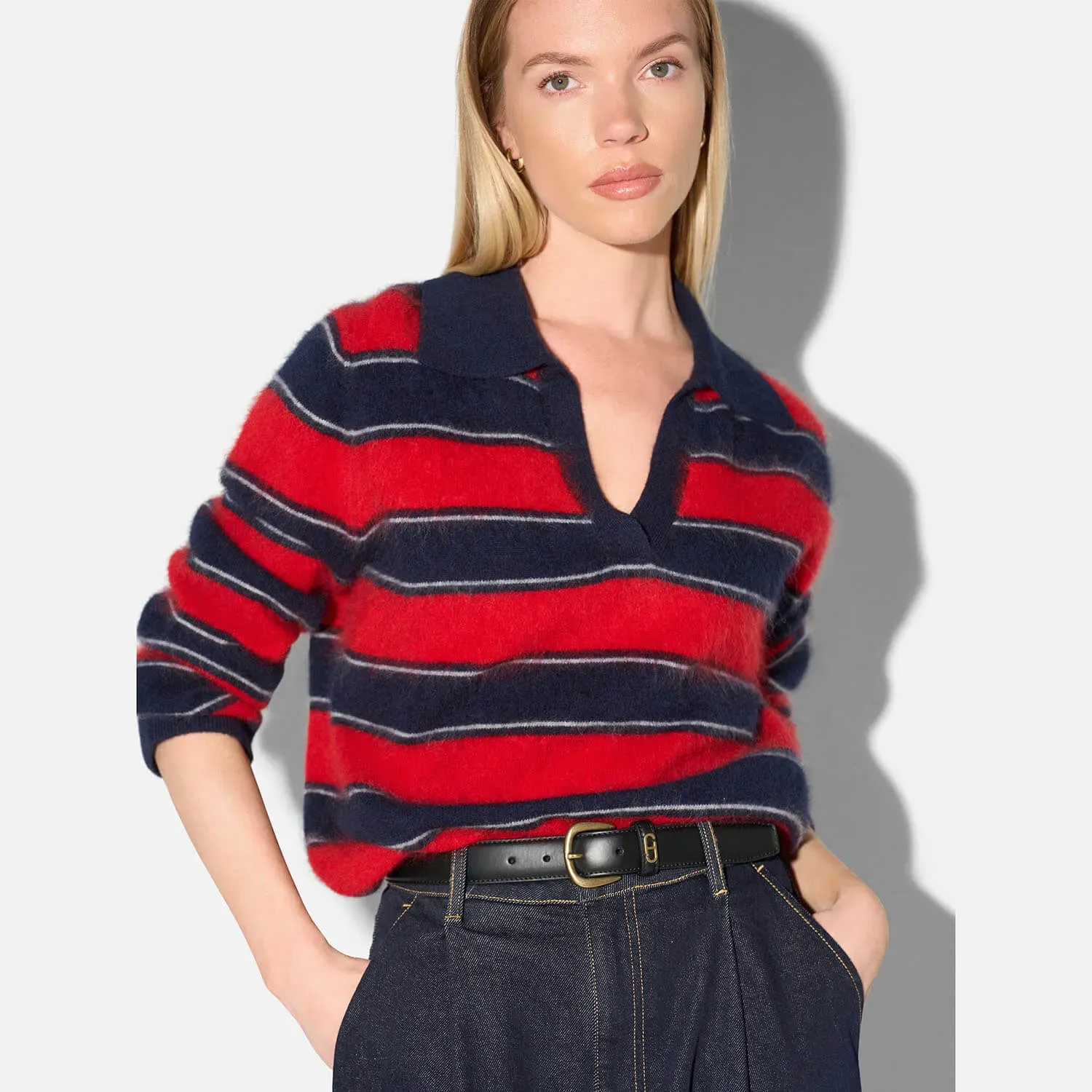 Polo Hals Dames Trui Merino Wol Cashmere Resort Rood Strepen
