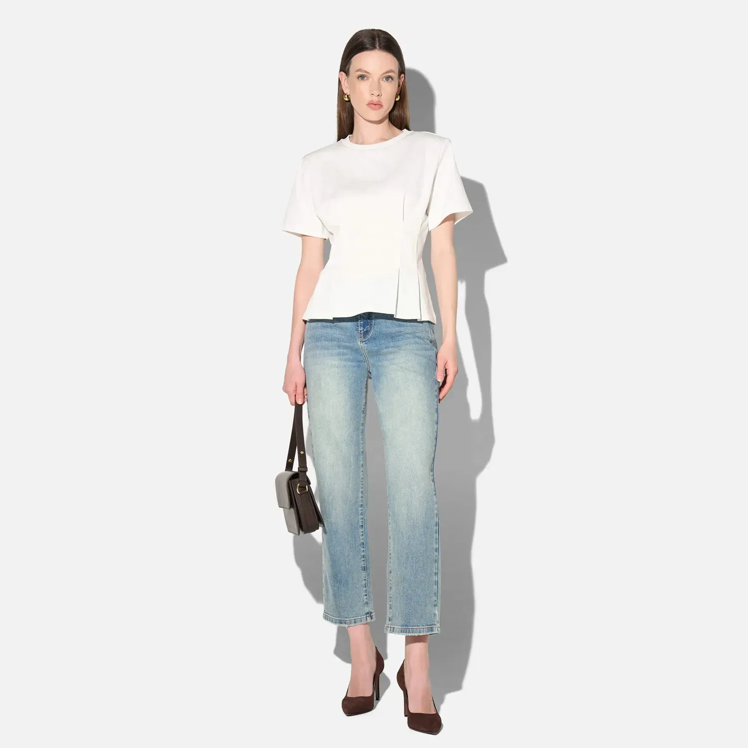 Wit Katoenen Dames Shirt Plooien Taille Keon