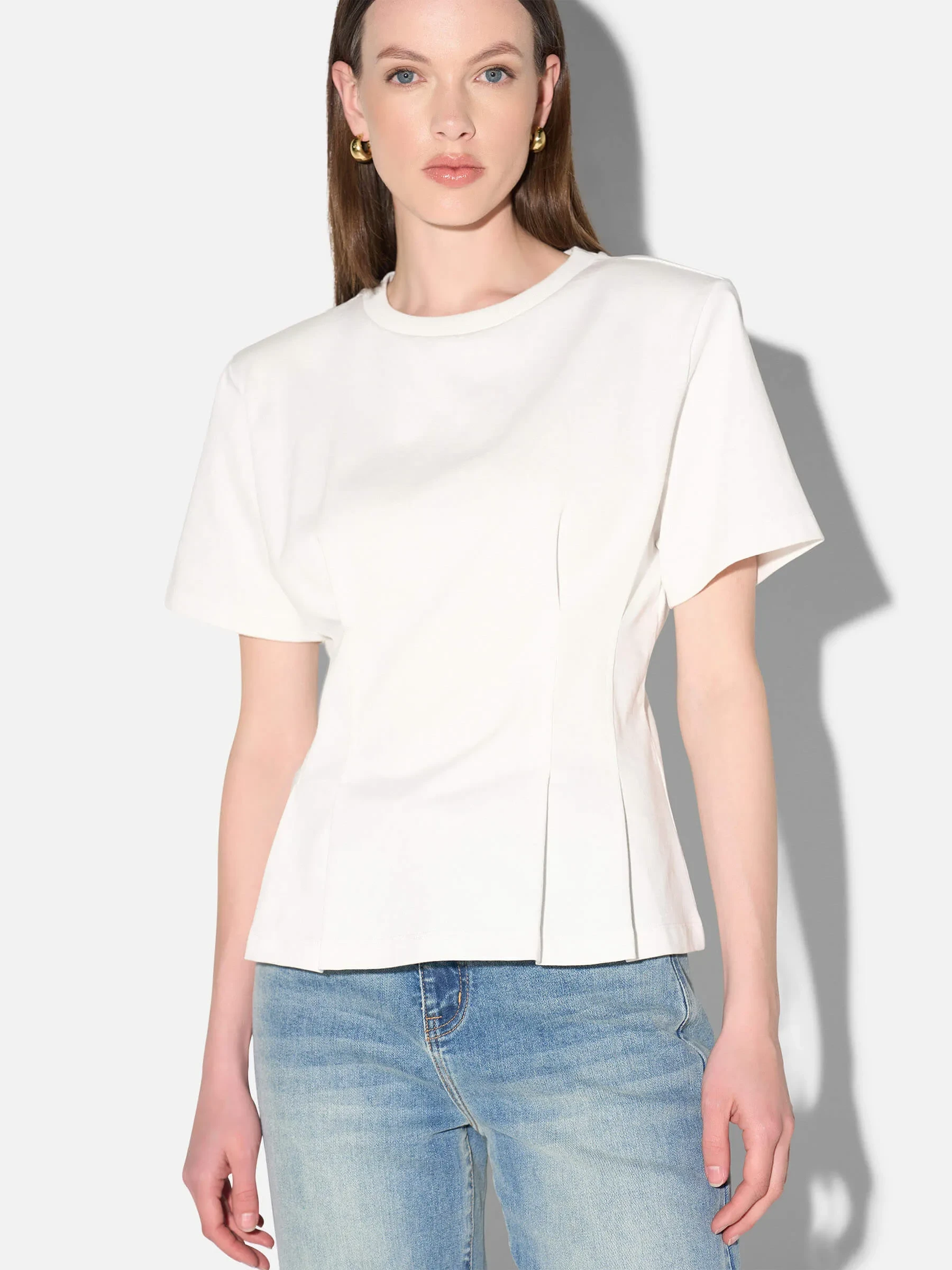 Wit Katoenen Dames Shirt Plooien Taille Keon