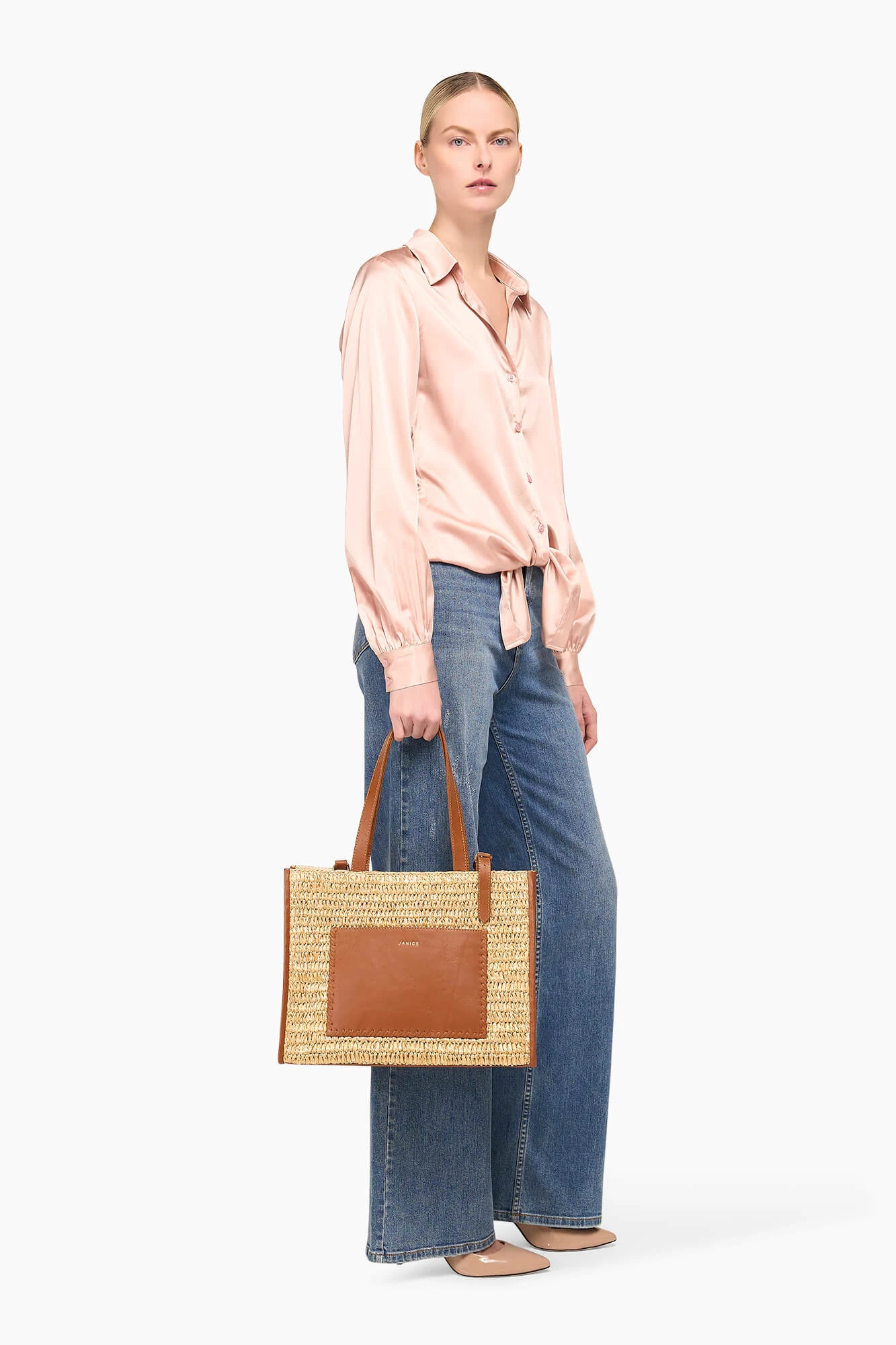 Tas Raffia Leer Leo Naturel Beige Medium