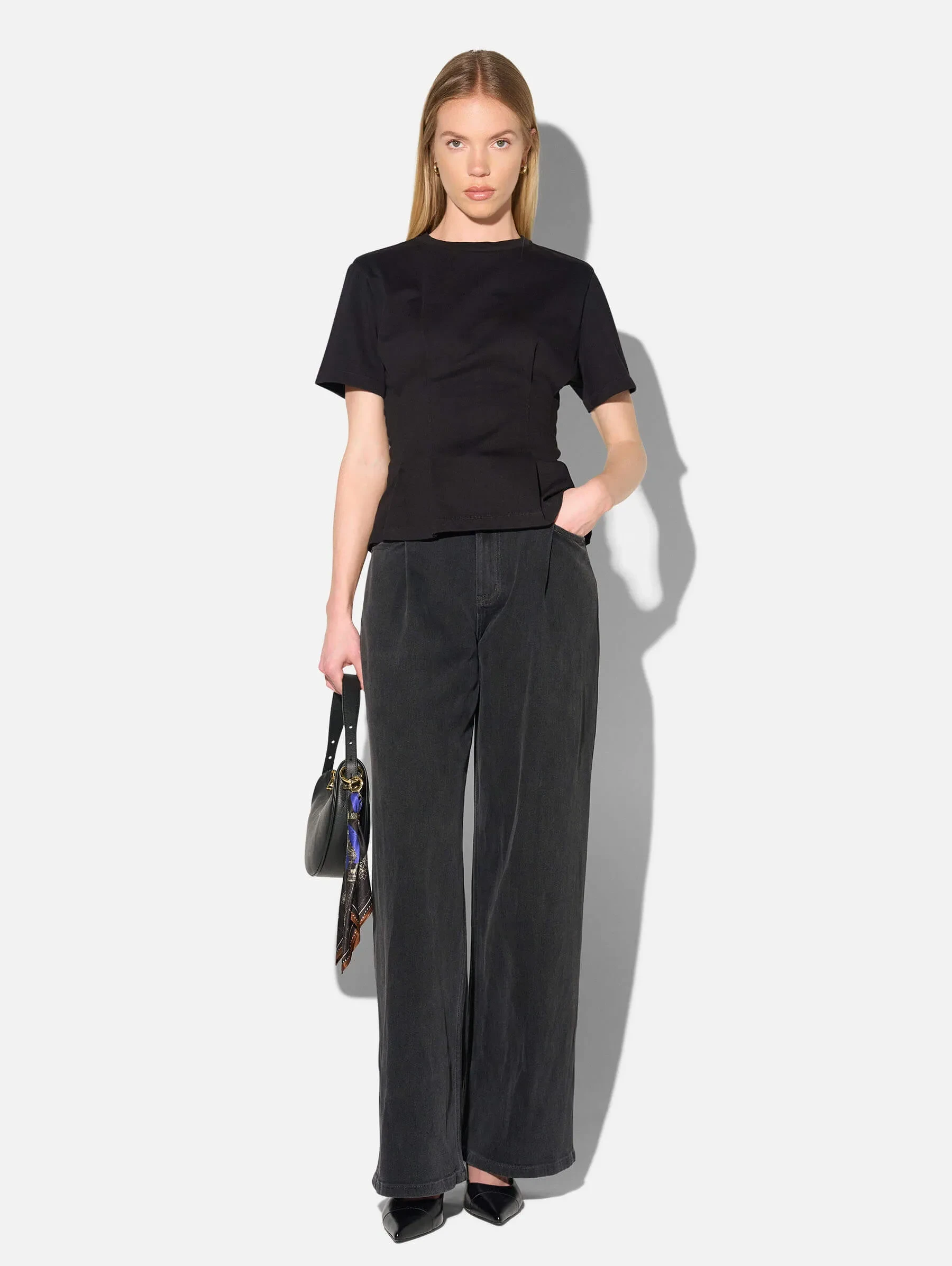 Zwart Katoenen Dames Shirt Plooien Taille Keon