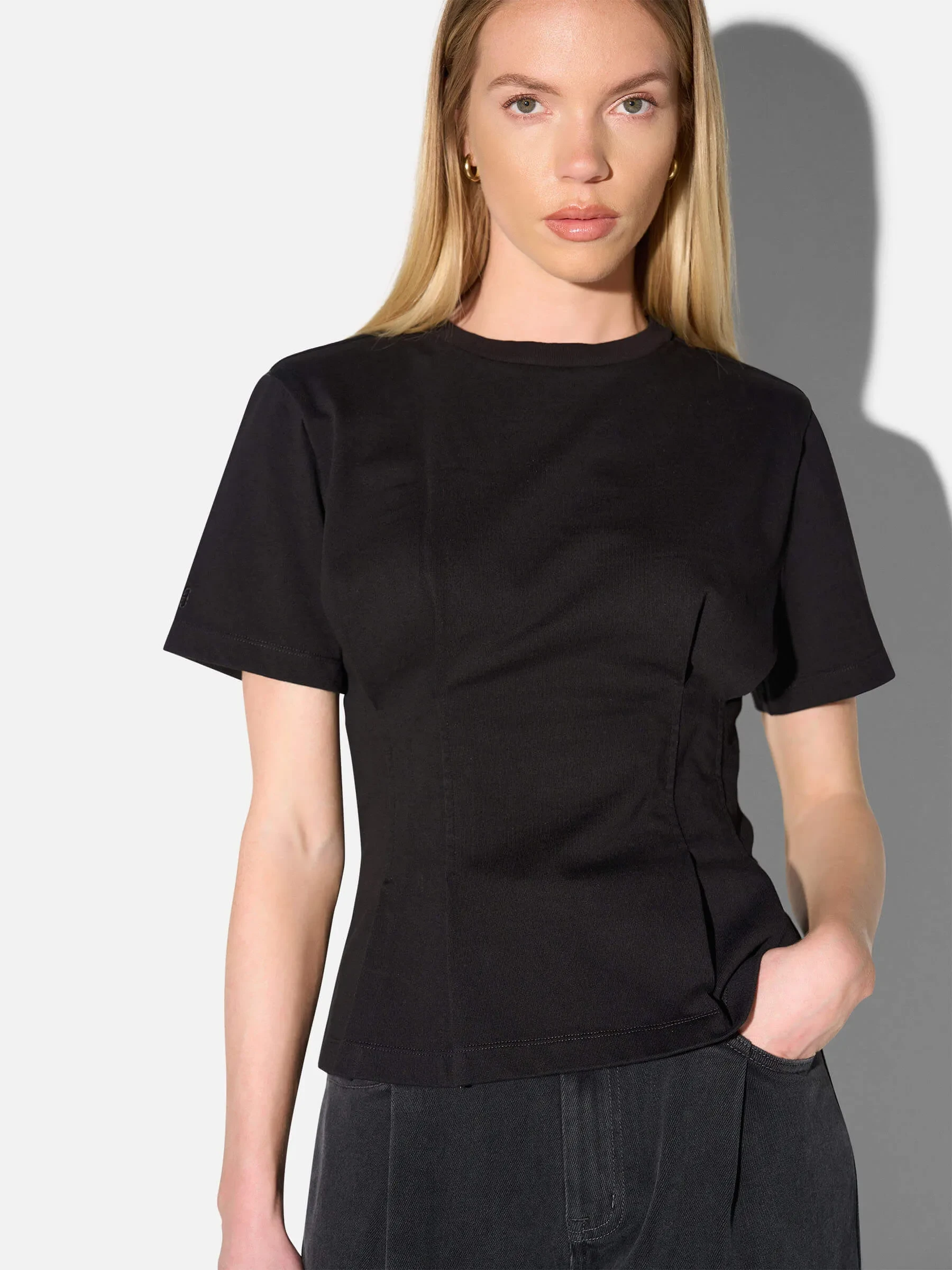 Zwart Katoenen Dames Shirt Plooien Taille Keon