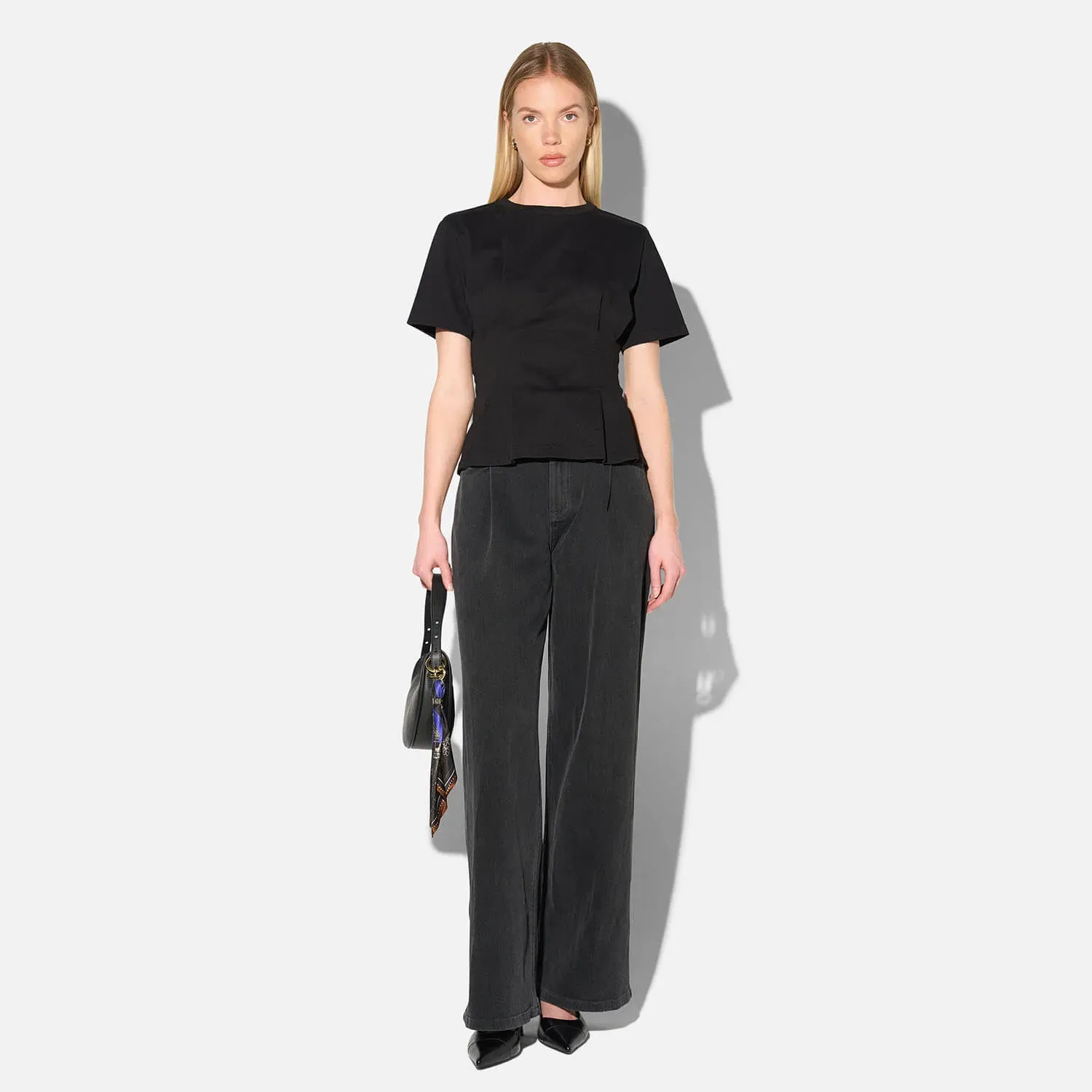 Zwart Katoenen Dames Shirt Plooien Taille Keon