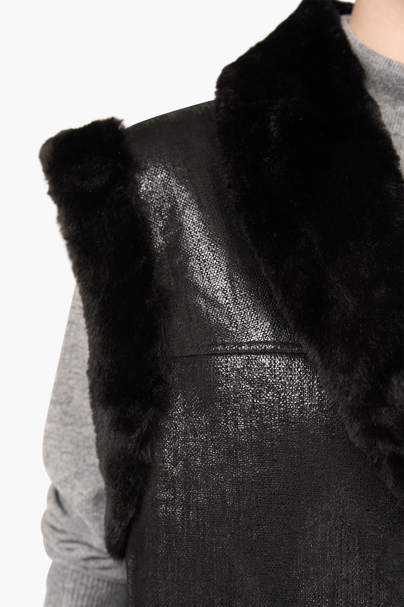 Leren Dames Vest Justin Zwart Metallic Bont