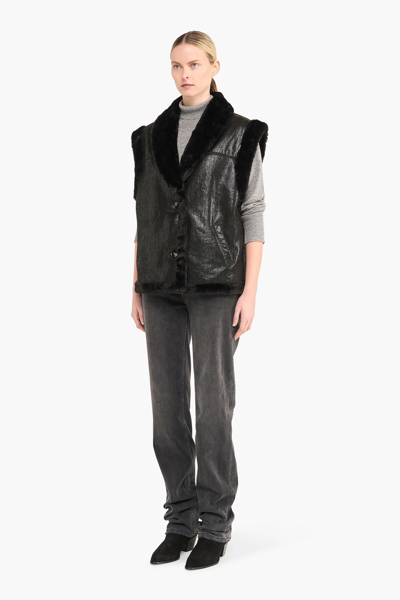 Leren Dames Vest Justin Zwart Metallic Bont